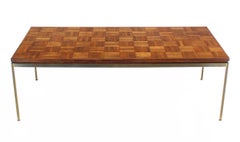 Mid Century Modern Large Rectangle Brass Base Parquet Top Coffee Table MINT!