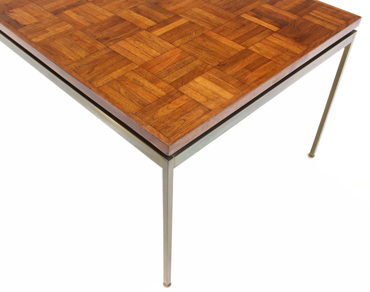 Lacquered Mid Century Modern Large Rectangle Brass Base Parquet Top Coffee Table MINT! For Sale