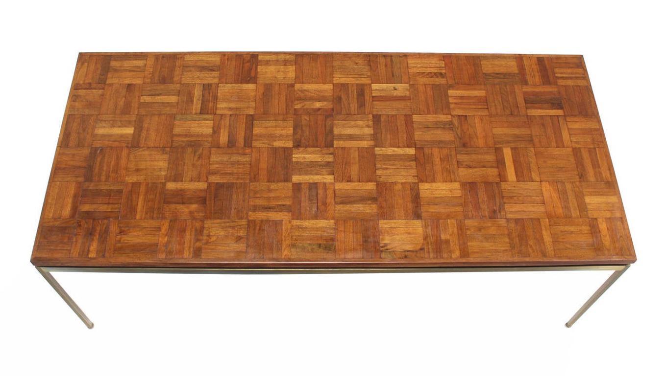 Mid Century Modern Large Rectangle Brass Base Parquet Top Coffee Table MINT! In Excellent Condition For Sale In Rockaway, NJ