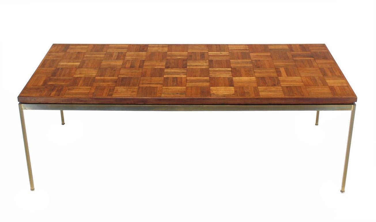 Mid Century Modern Large Rectangle Brass Base Parquet Top Coffee Table MINT! For Sale 1