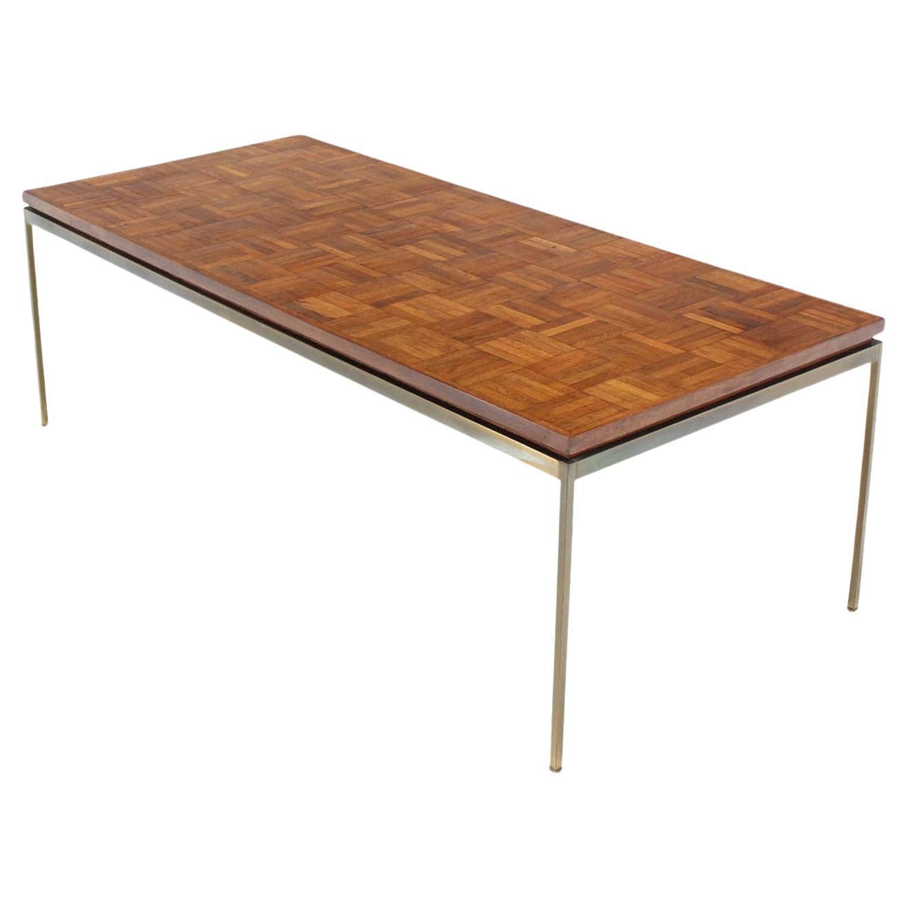 Mid Century Modern Large Rectangle Brass Base Parquet Top Coffee Table MINT! For Sale