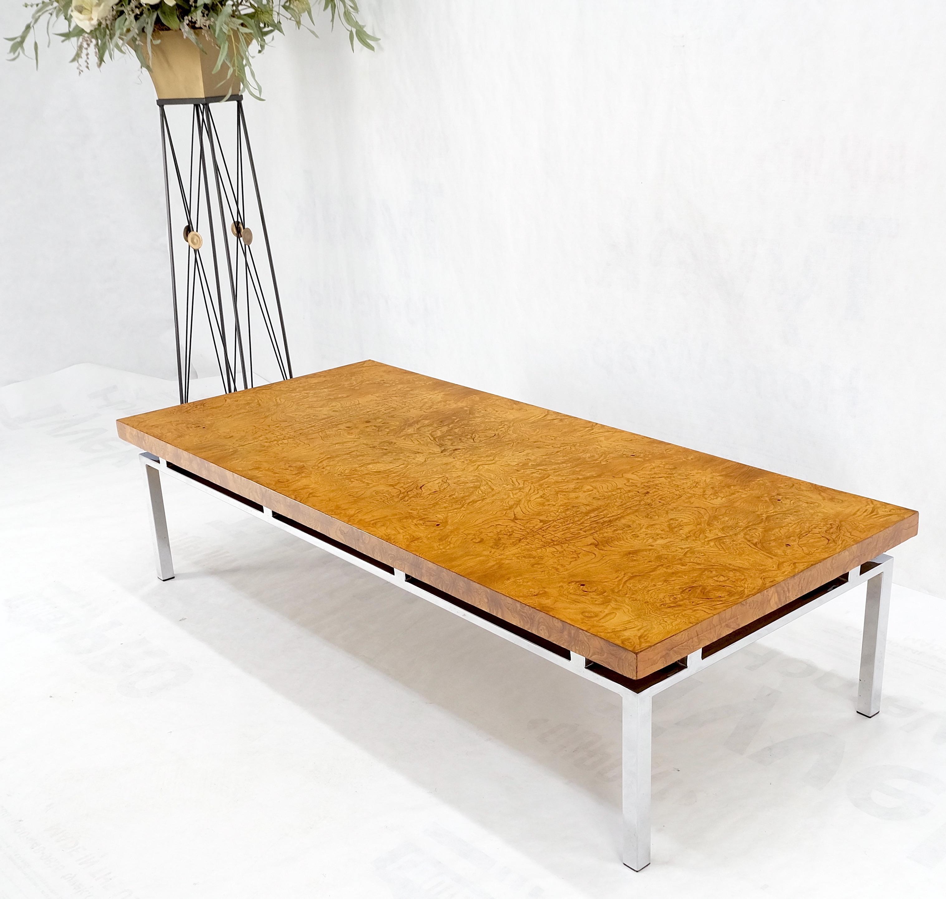 20th Century Mid Century Modern Large Rectangle Burl Wood Chrome Base Coffee Table Mint! For Sale