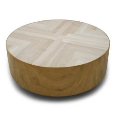 Mid-Century Modern Large Round Shiny Brass Coffee Table and Bleached Walnut Top