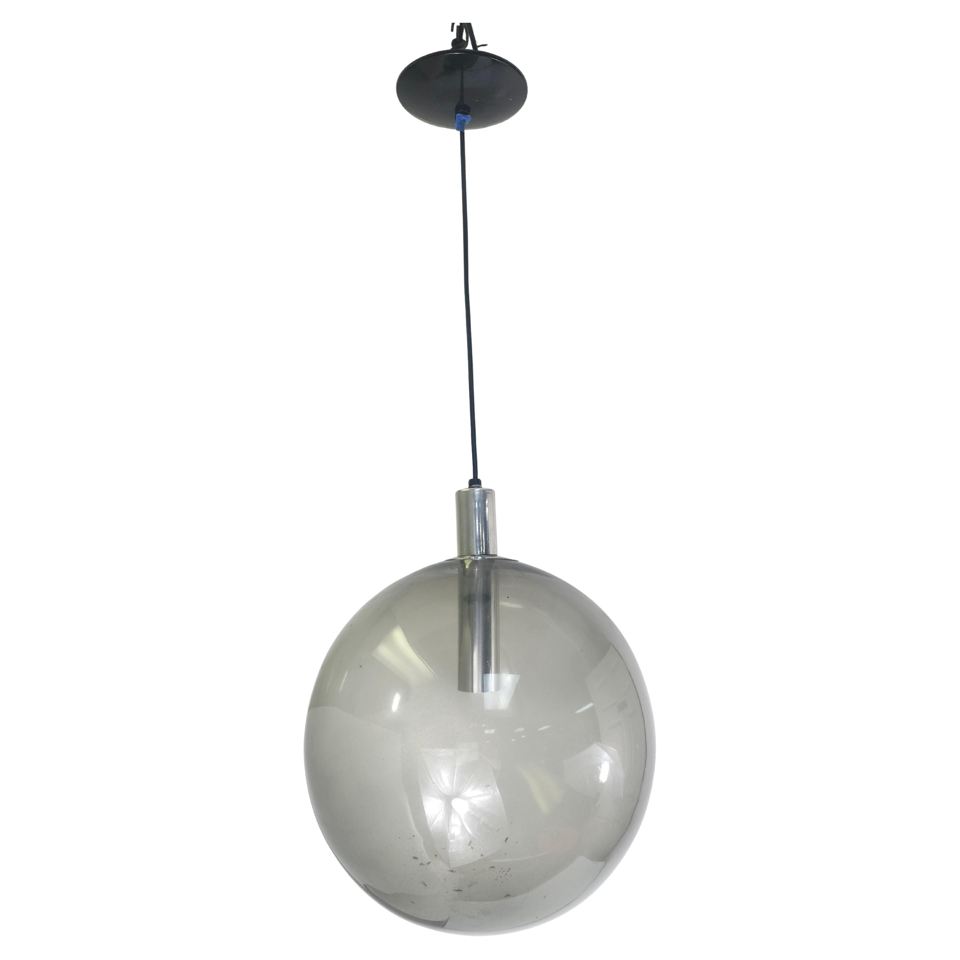Mid-Century Modern Large Round Smoked Glass Pendant Lamp by Lightolier C1965