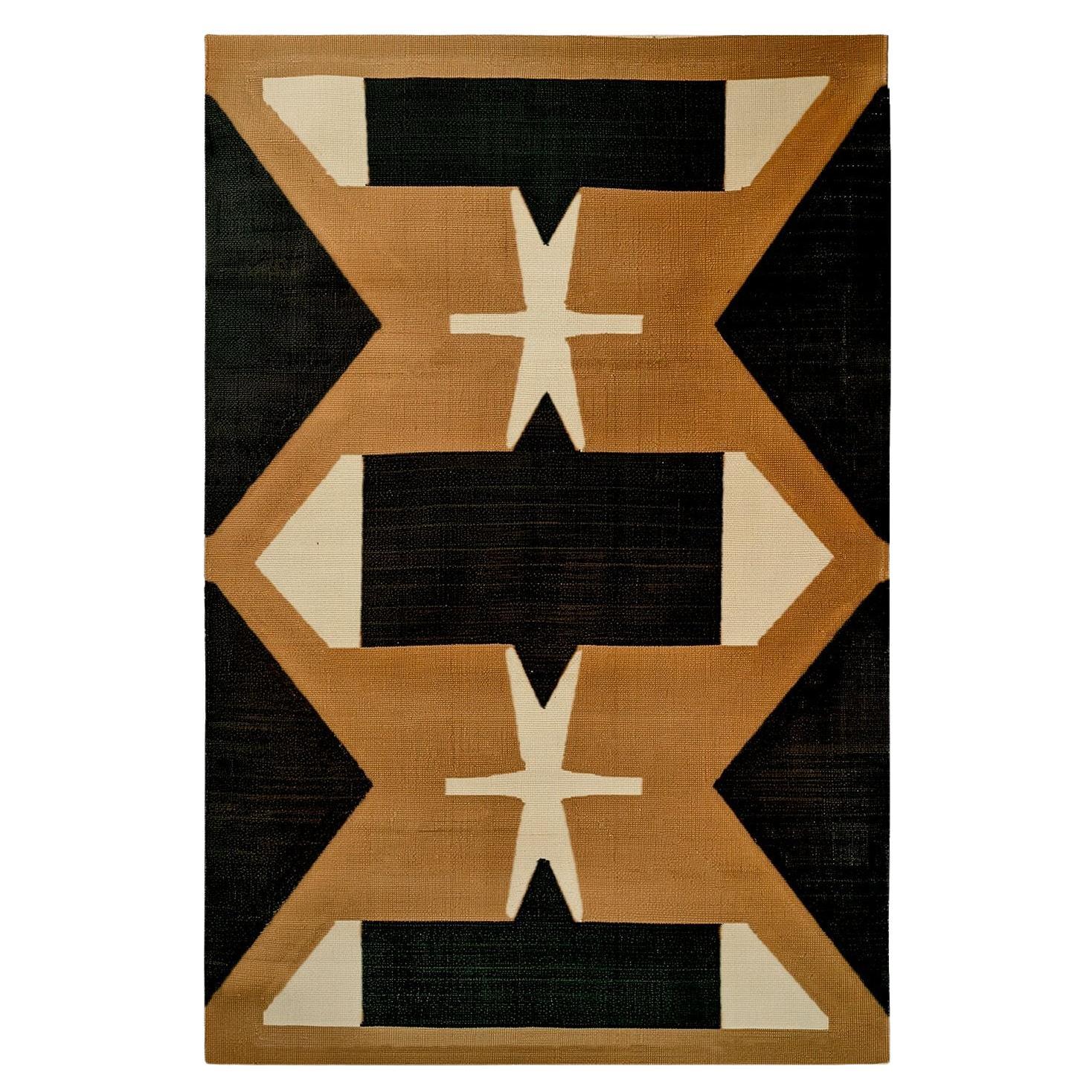 Alfombra Grande Moderna de Mitad de Siglo Diseño Geométrico Beige, Amarillo Mostaza, Negro en venta