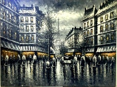 Mid-Century Modern Large Scale Original Oil on Canvas Painting "Paris at Night"