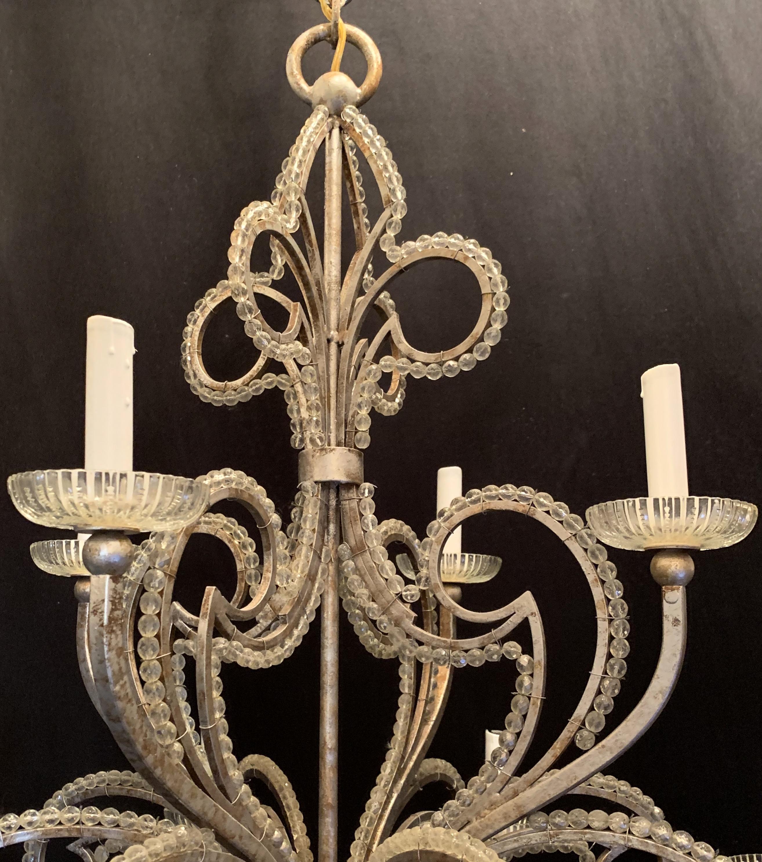 Mid-Century Modern Large Silver Leaf Crystal Beaded 12-Light Baguès Chandelier In Good Condition For Sale In Roslyn, NY