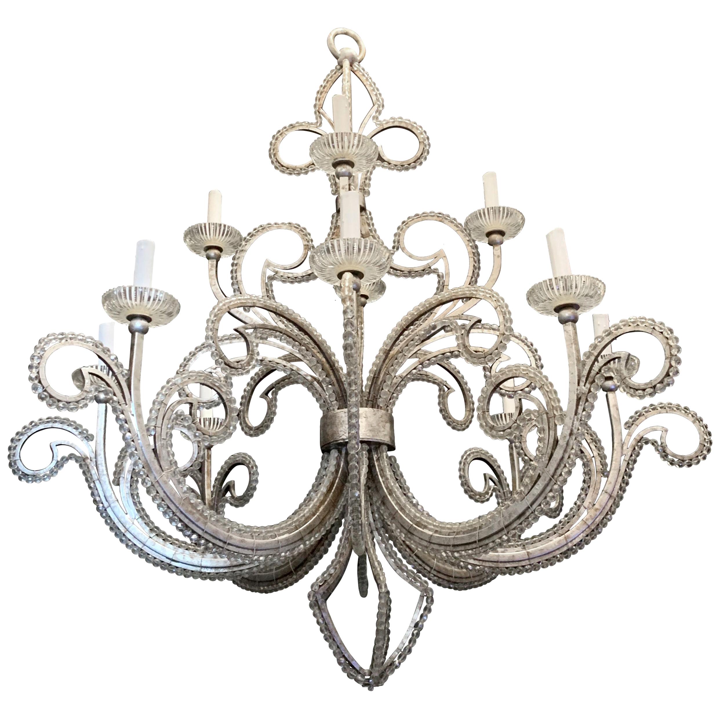 Mid-Century Modern Large Silver Leaf Crystal Beaded 12-Light Baguès Chandelier For Sale