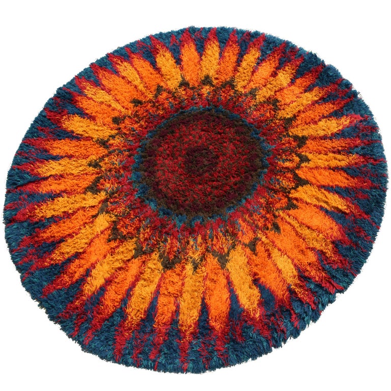 MidCentury Modern Large Starburst Flower Circular Shag Rug Rya Style