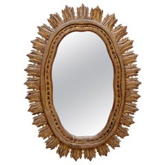 Mid-Century Modern Large Sunburst Mirror Wood Handcrafted, circa 1950