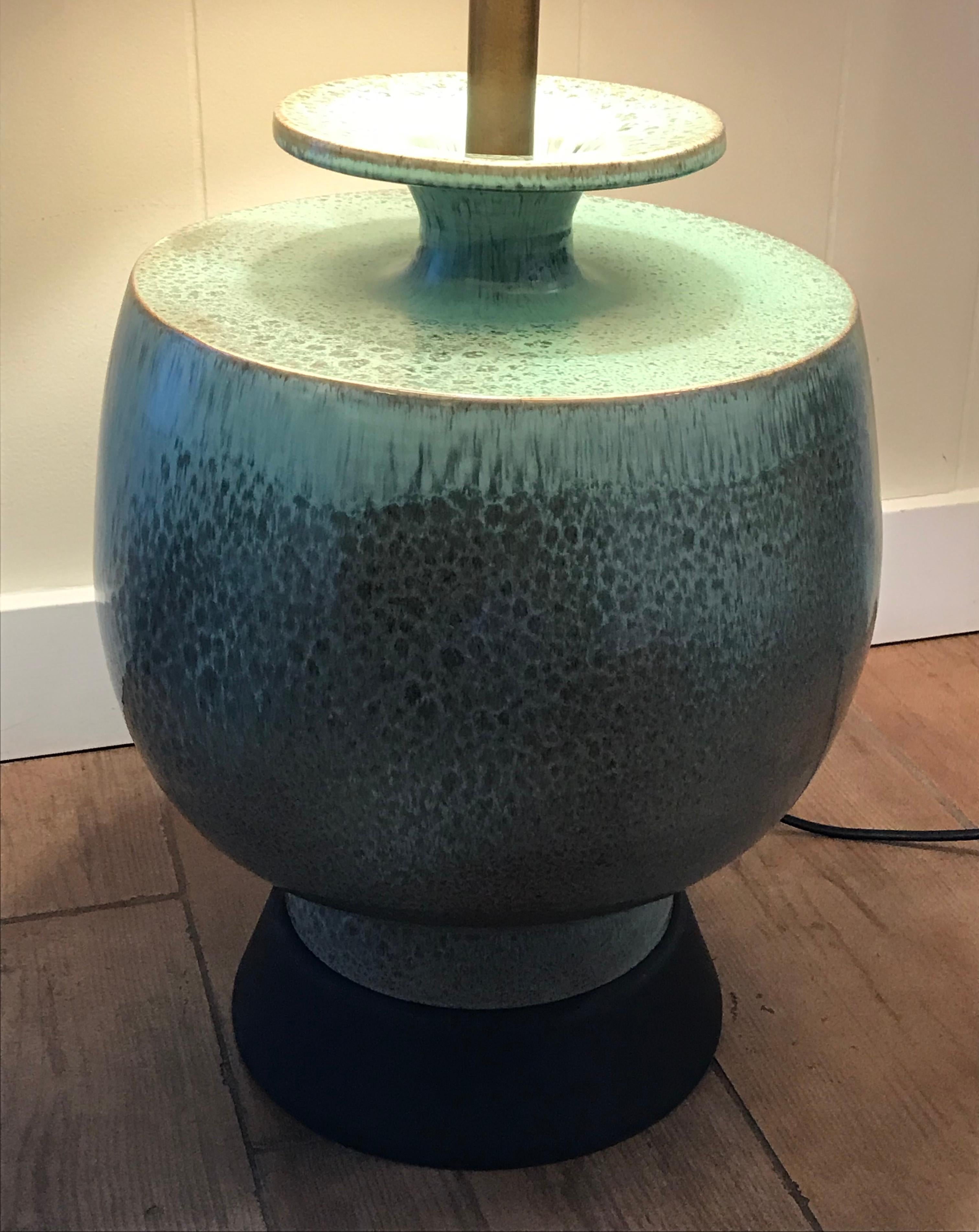 Stunning ceramic table lamp by Marbro Lamp Co. The beautiful turquoise glazed ceramic base is Italian and marked on the bottom, professionally rewired with three way socket, original lamp shade included.