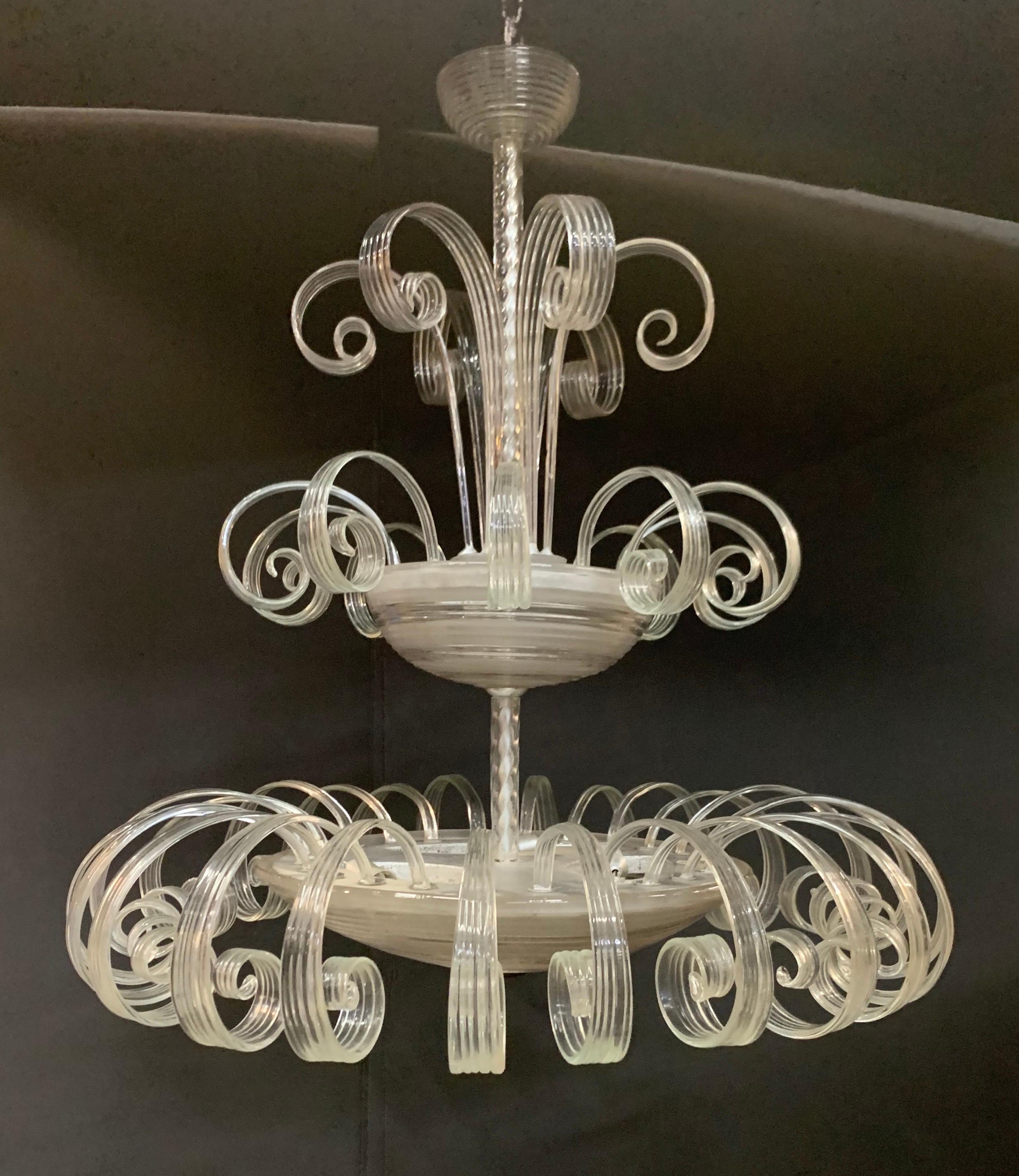 Silvered Mid-Century Modern Large Venetian Lorin Marsh Murano Glass Scrolled Chandelier