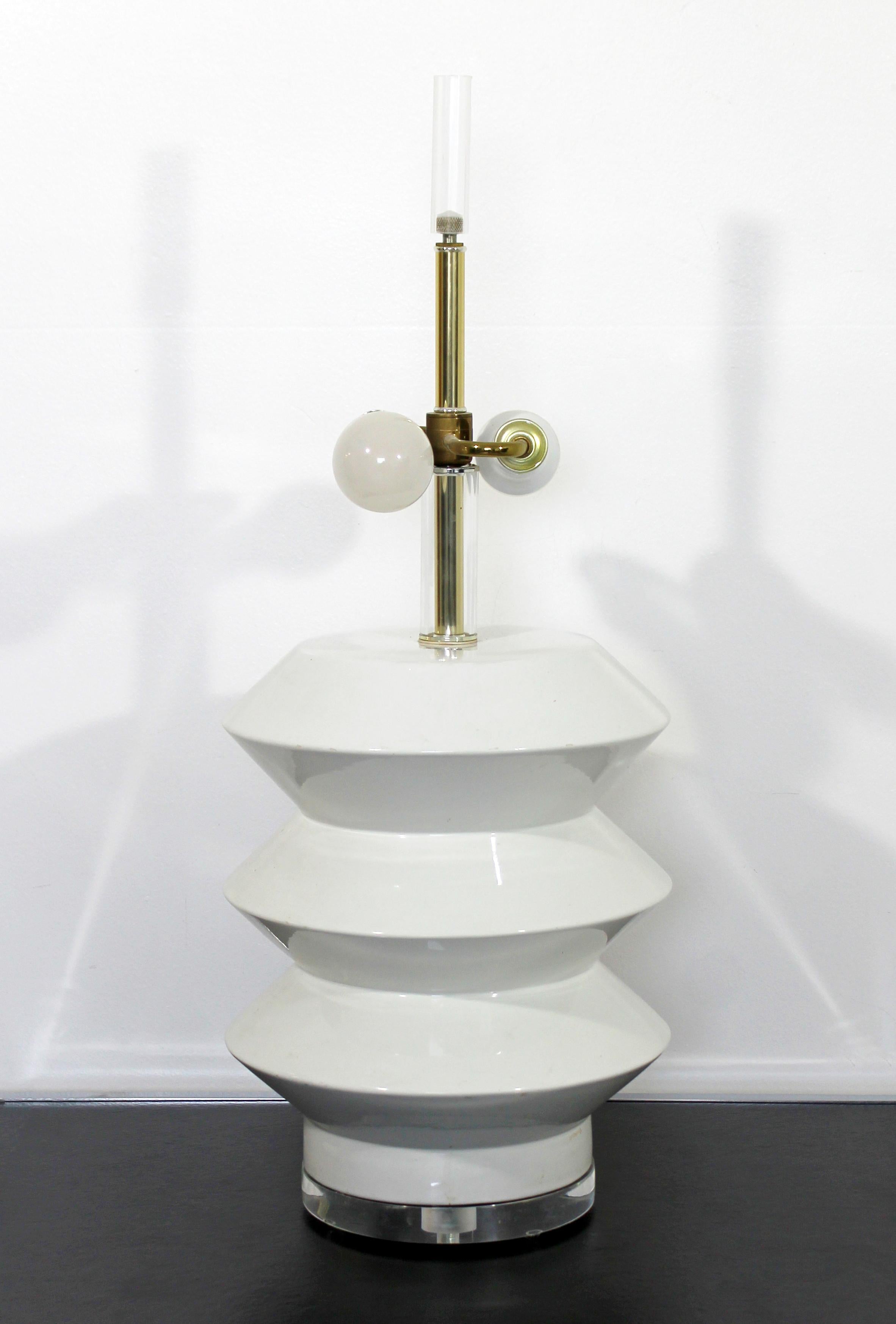 American Mid-Century Modern Large White Ceramic Brass and Lucite Architectural Lamp Bauer