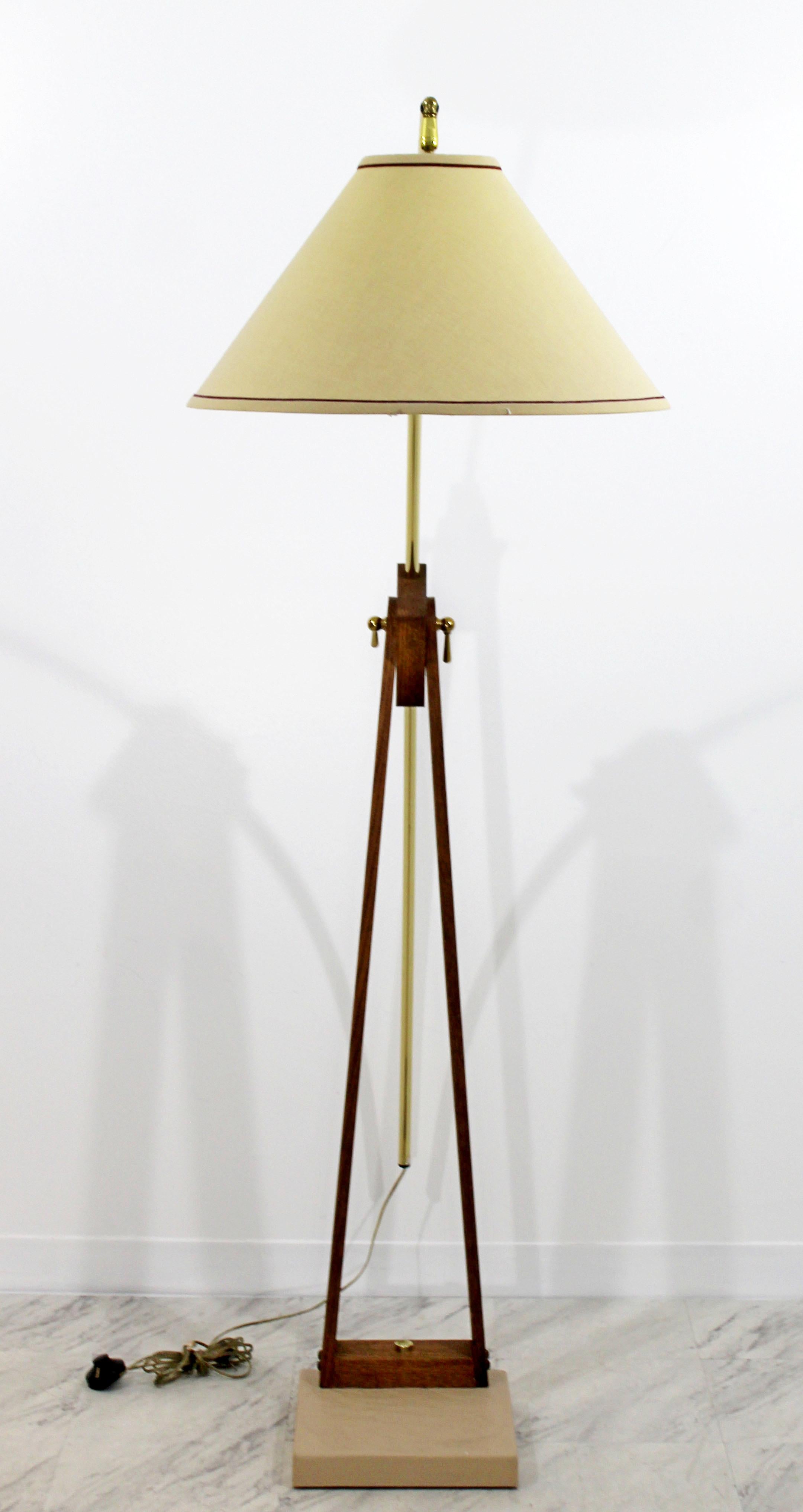 Mid-Century Modern Large Wood Adjustable Arc Floor Lamp 1960s Brass In Good Condition In Keego Harbor, MI