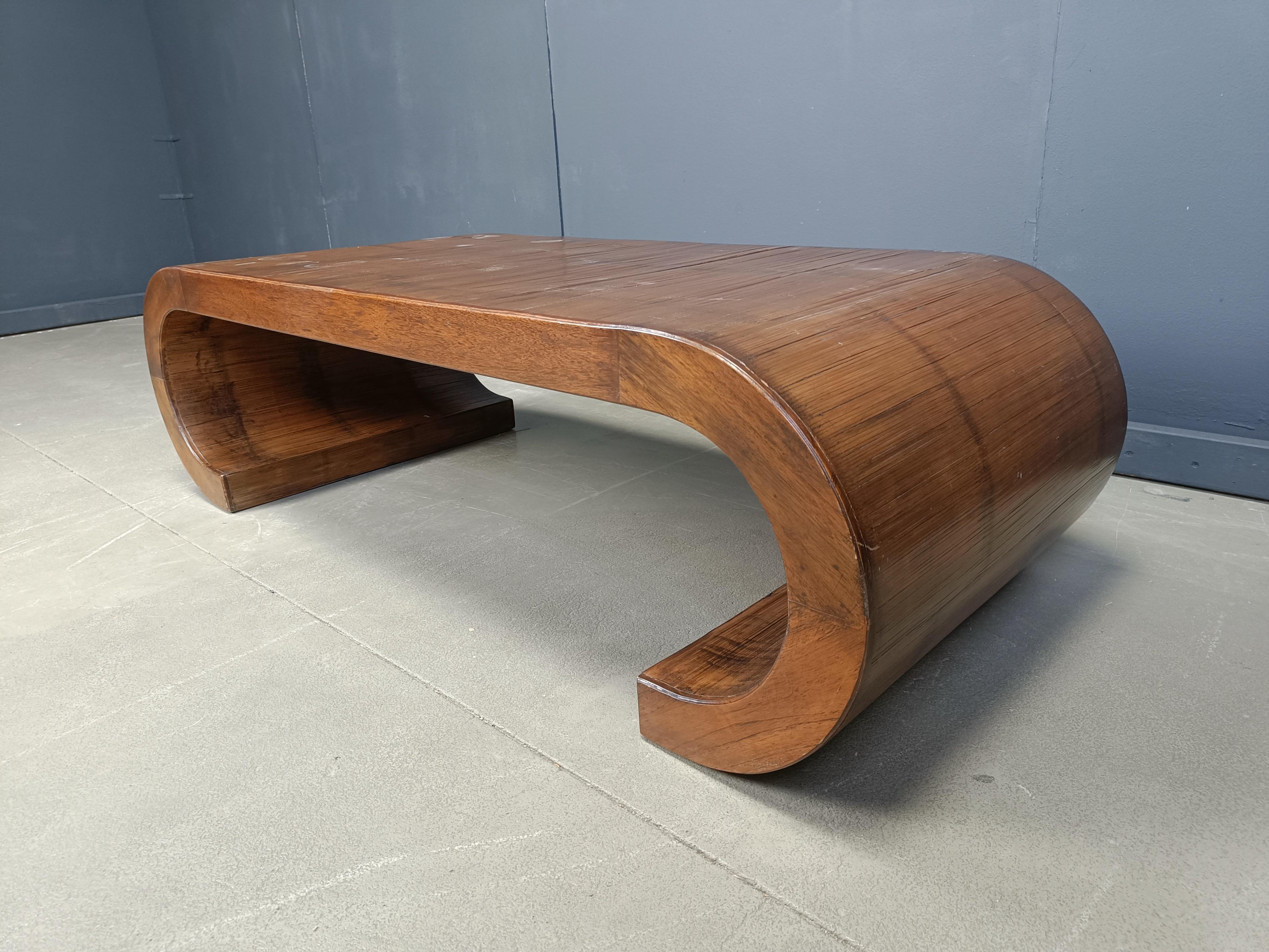 Bamboo Mid-Century Modern Large Wooden Scroll Coffee Table Baughman Style, 1960s
