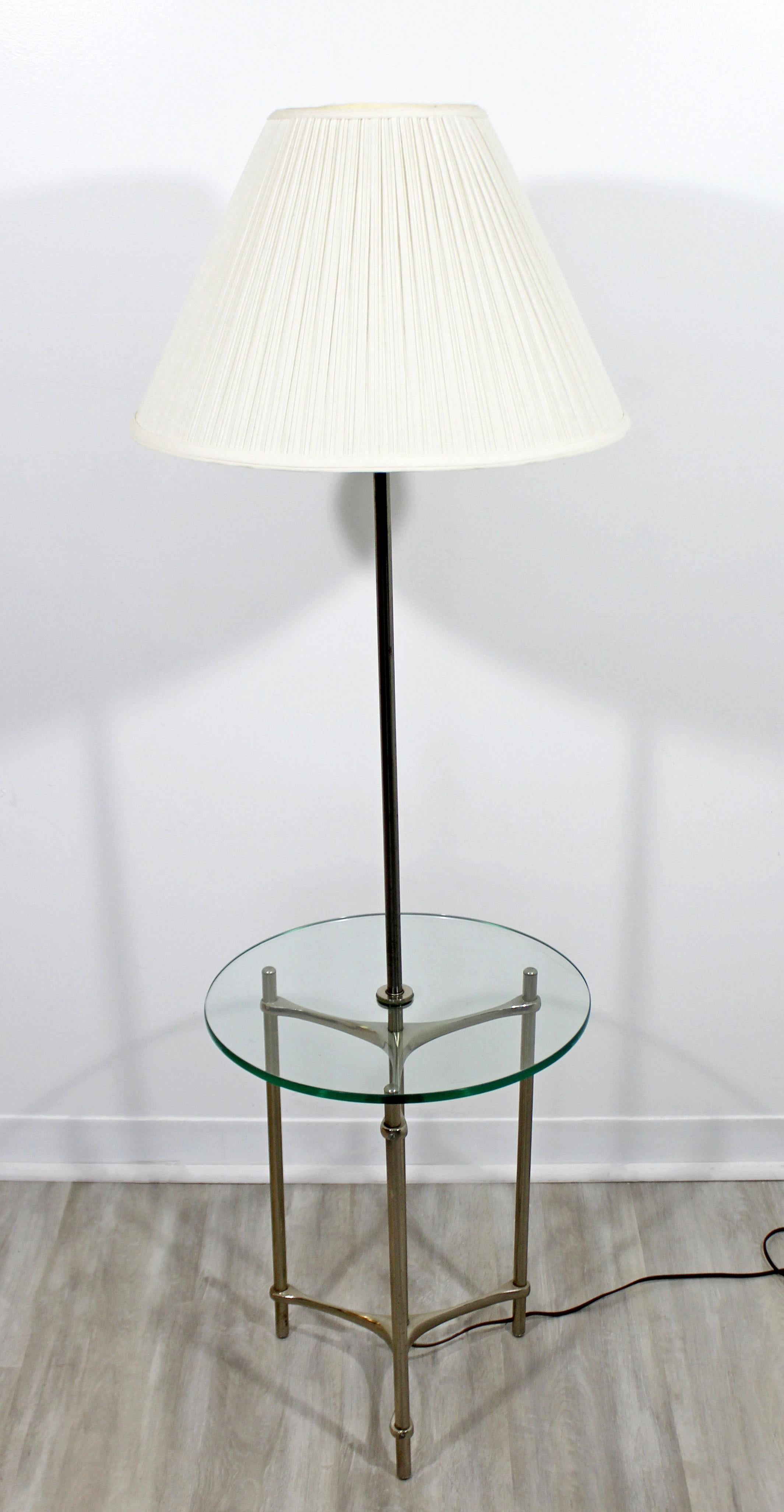 Late 20th Century Mid-Century Modern Laurel Aluminum Glass Tripod Floor Lamp Table Original Shade