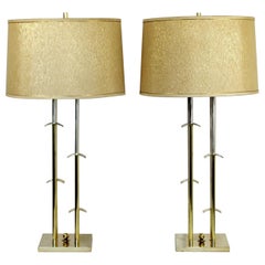 Mid-Century Modern Laurel Pair of Brass Chrome Table Lamps Original Shade Finial