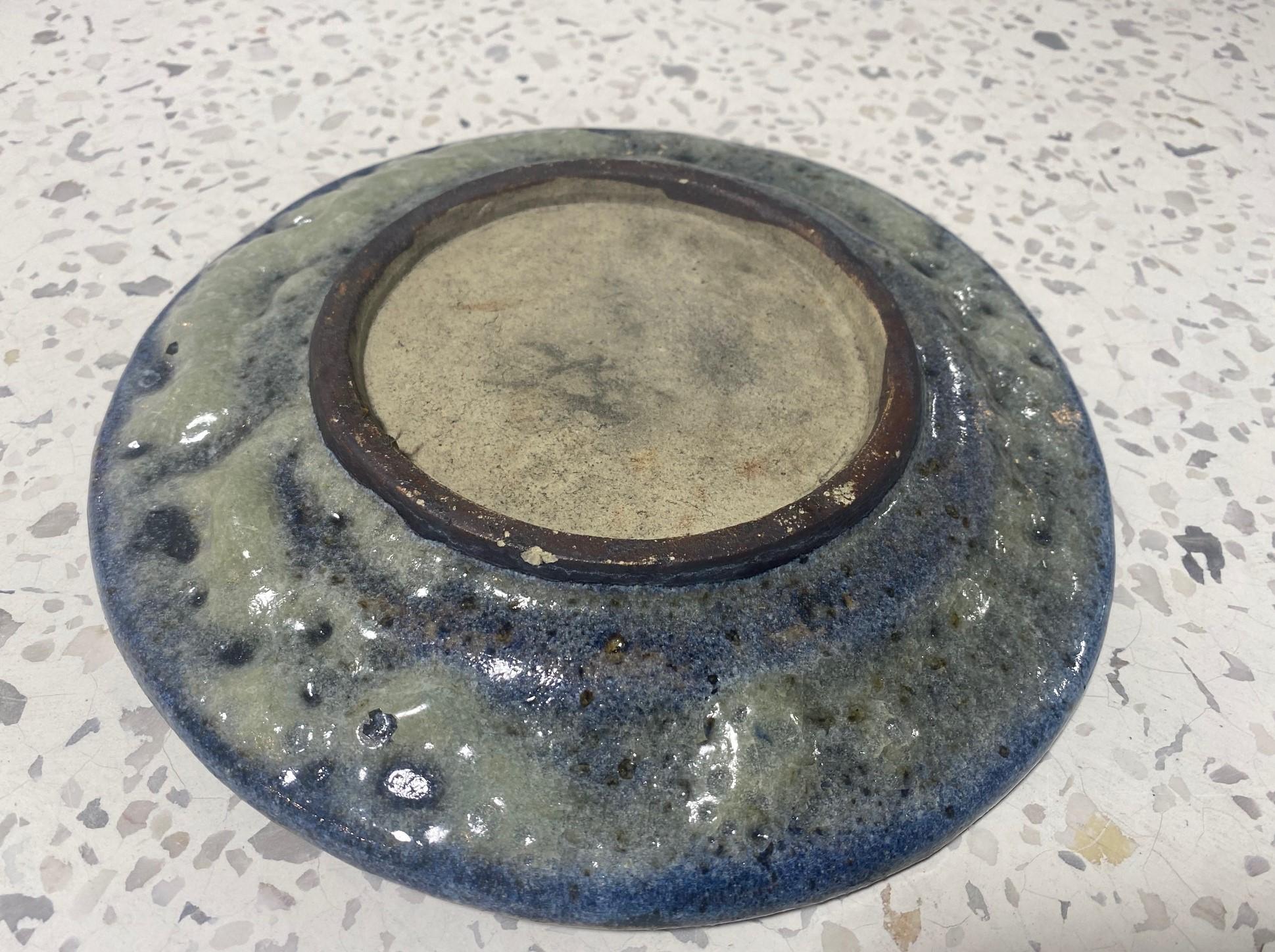 Mid-Century Modern Lava Glazed Blue Ceramic California Studio Pottery Plate For Sale 3