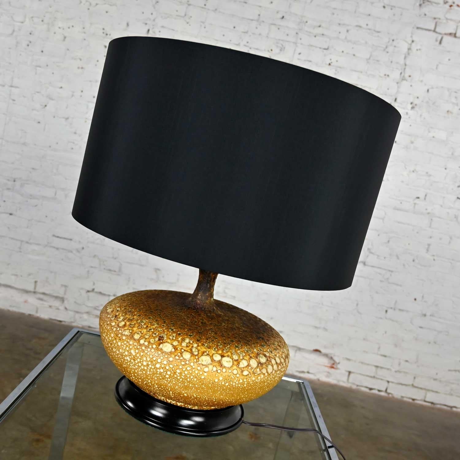 Unknown Mid-Century Modern Lava Glazed Large Scale Table Lamp New Faux Silk Drum Shade For Sale