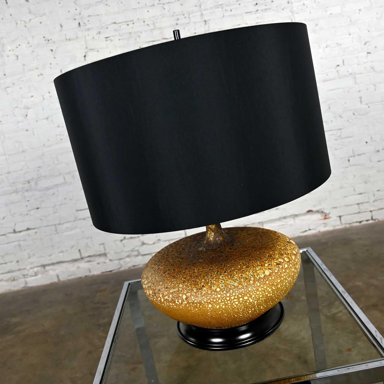 Metal Mid-Century Modern Lava Glazed Large Scale Table Lamp New Faux Silk Drum Shade For Sale