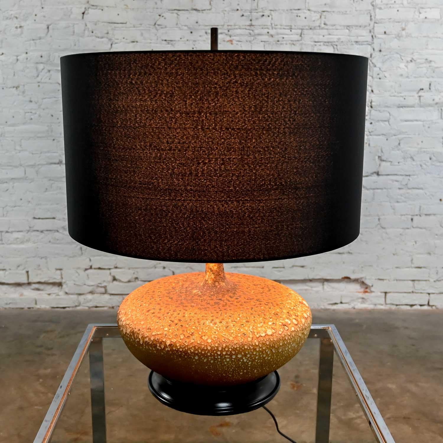 Mid-Century Modern Lava Glazed Large Scale Table Lamp New Faux Silk Drum Shade For Sale 3