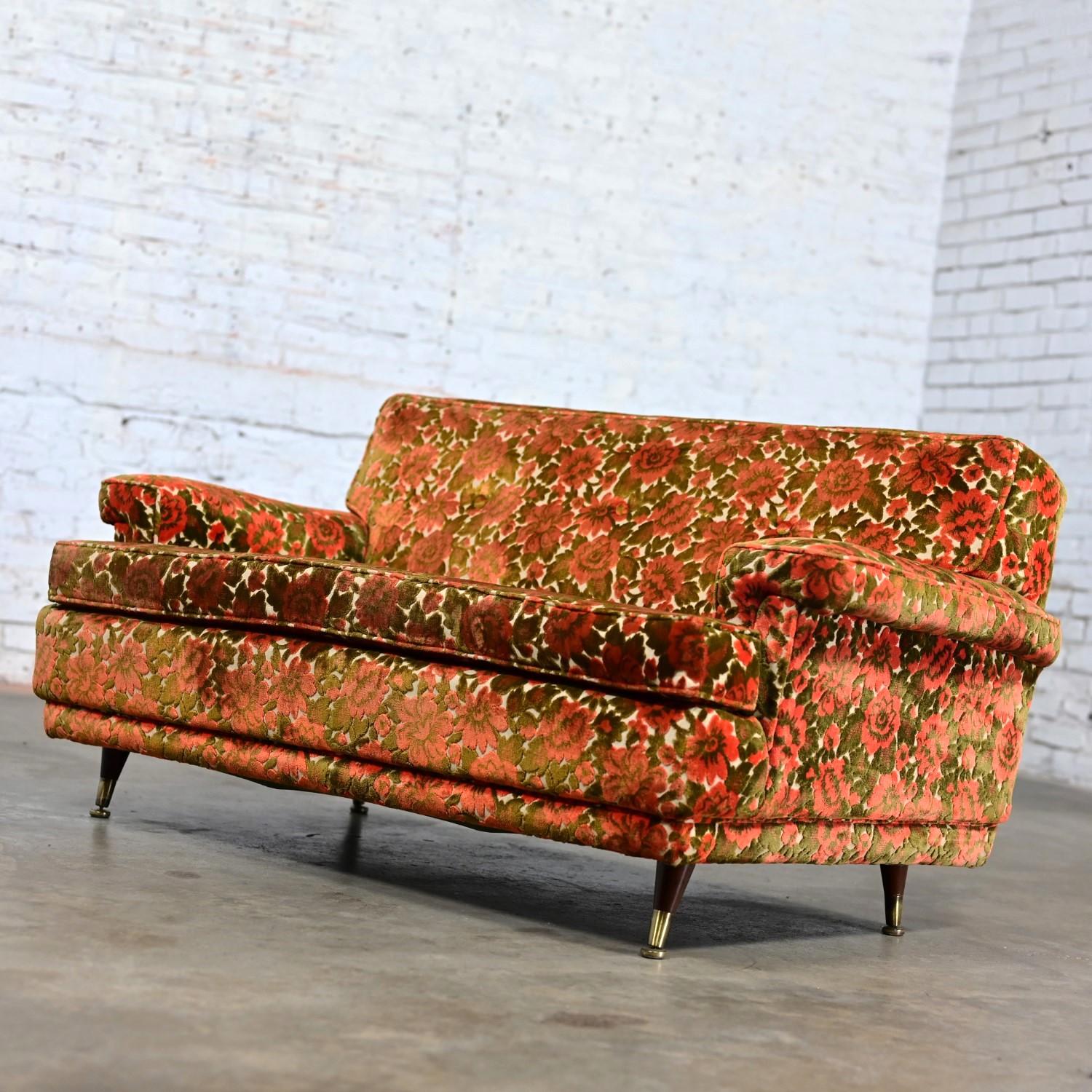 Mid Century Modern Lawson Style Loveseat Textured Orange & Green Floral Fabric 4