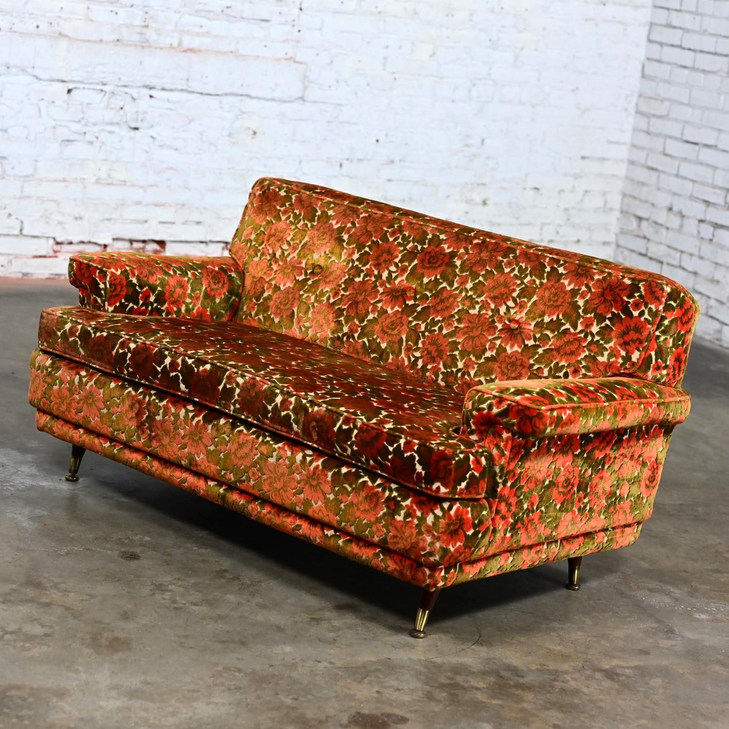 Mid Century Modern Lawson Style Loveseat Textured Orange & Green Floral Fabric 5