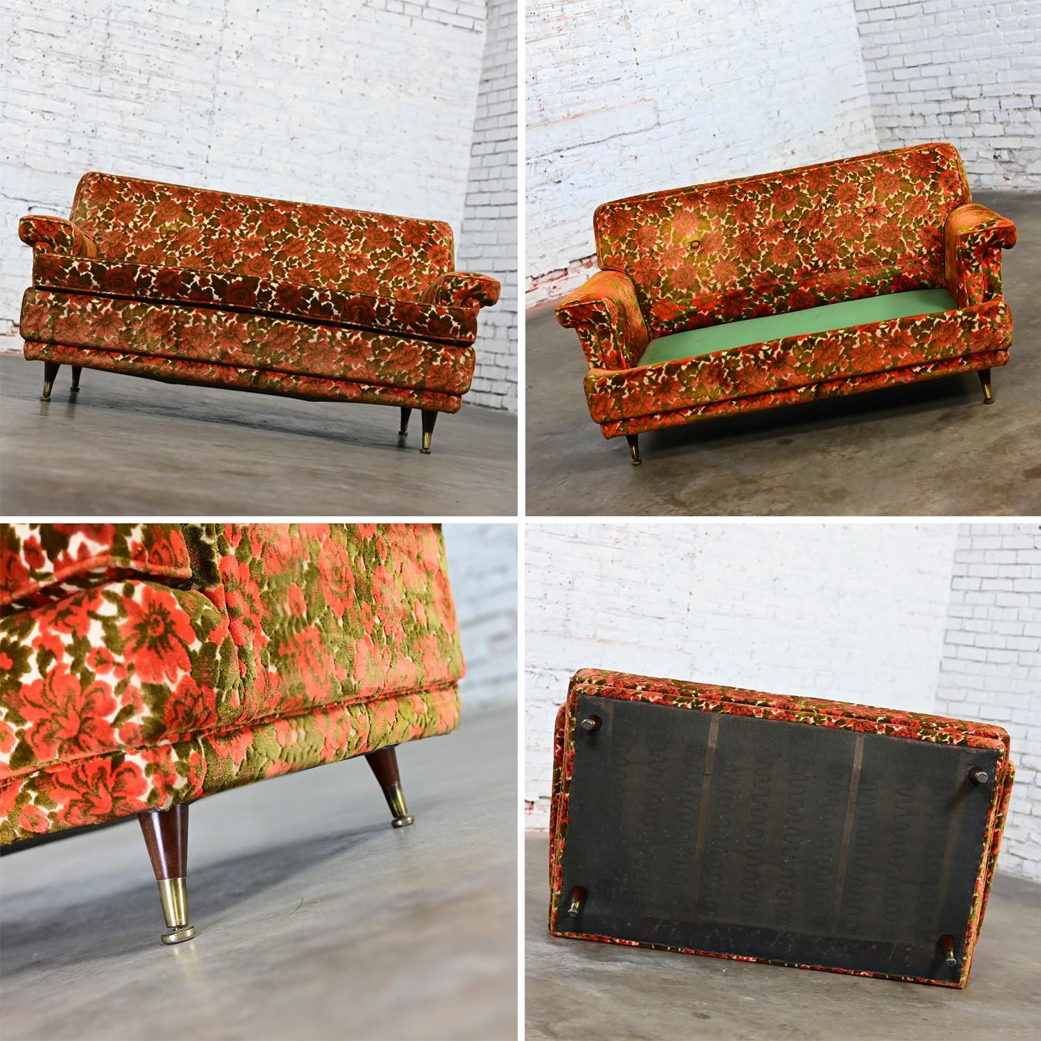 Mid Century Modern Lawson Style Loveseat Textured Orange & Green Floral Fabric 7