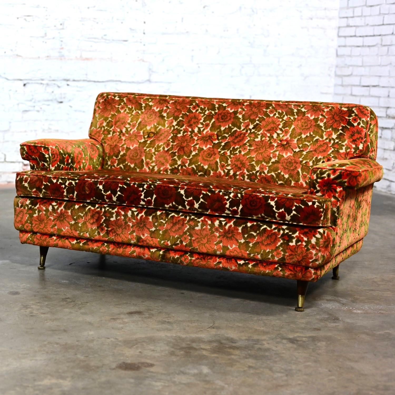 Mid Century Modern Lawson Style Loveseat Textured Orange & Green Floral Fabric 8