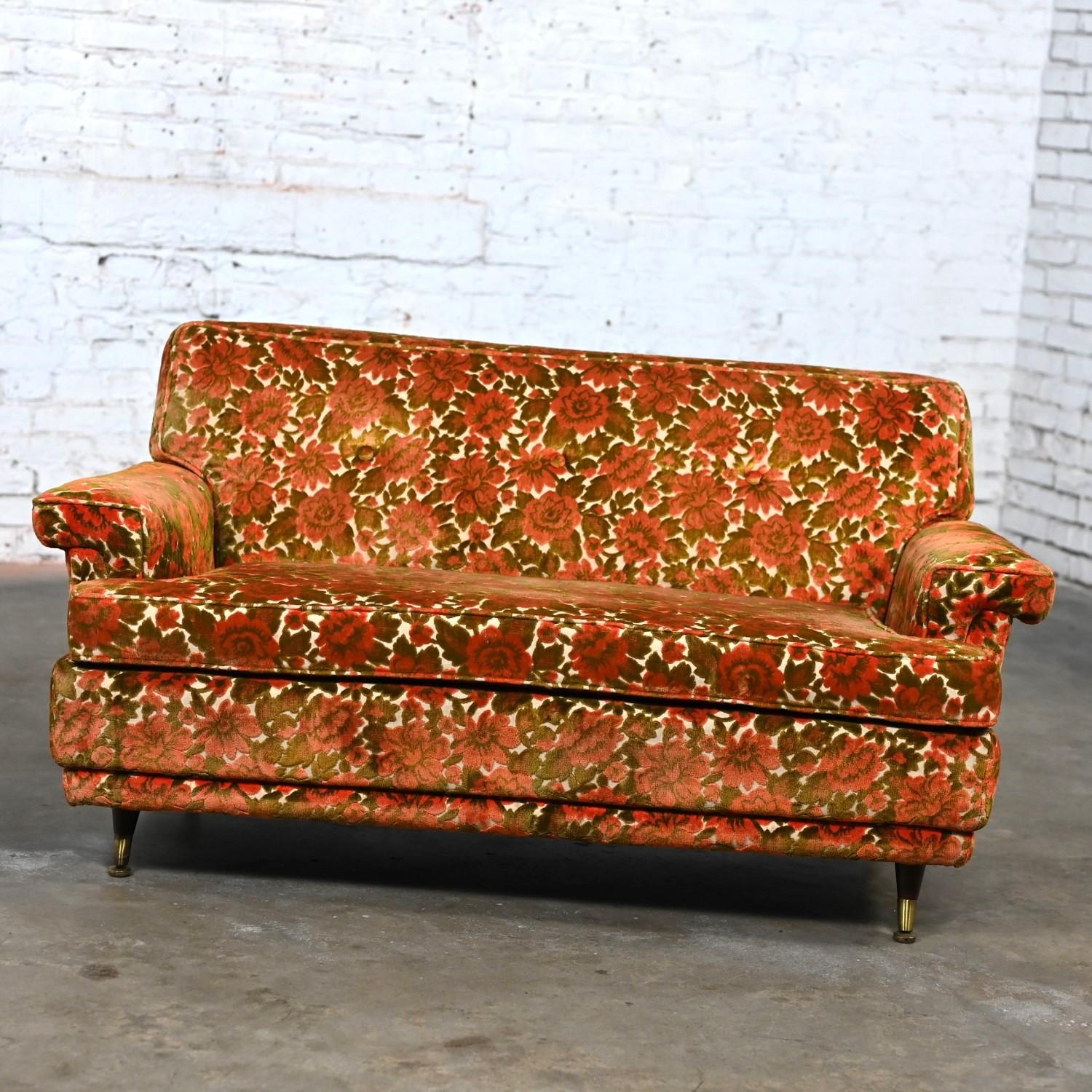 Mid-Century Modern Mid Century Modern Lawson Style Loveseat Textured Orange & Green Floral Fabric