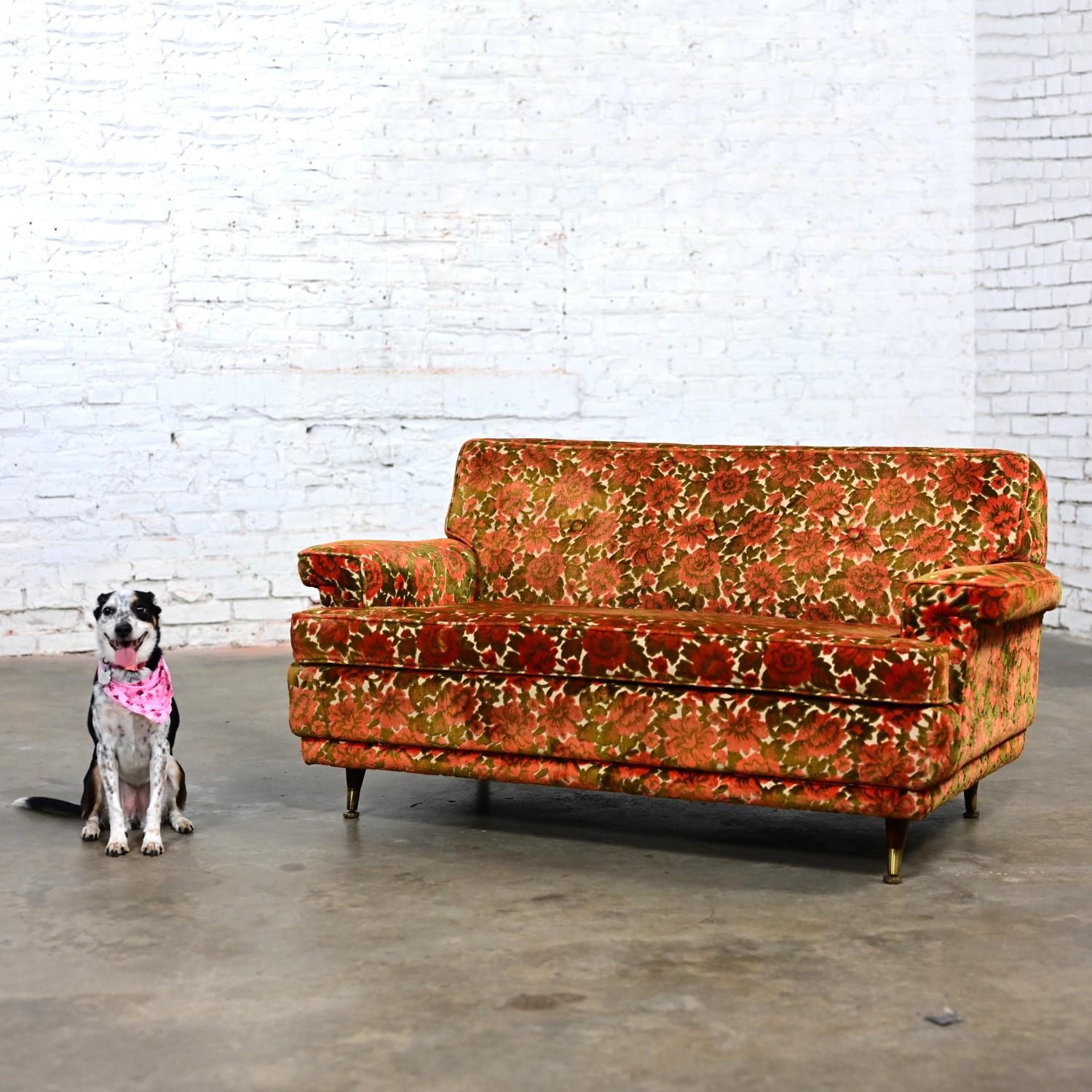 Unknown Mid Century Modern Lawson Style Loveseat Textured Orange & Green Floral Fabric
