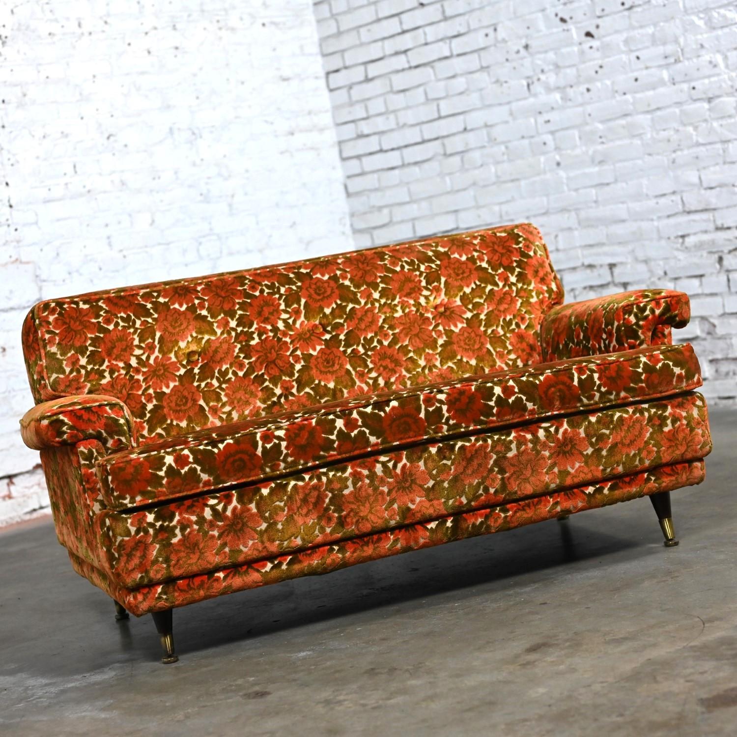 20th Century Mid Century Modern Lawson Style Loveseat Textured Orange & Green Floral Fabric