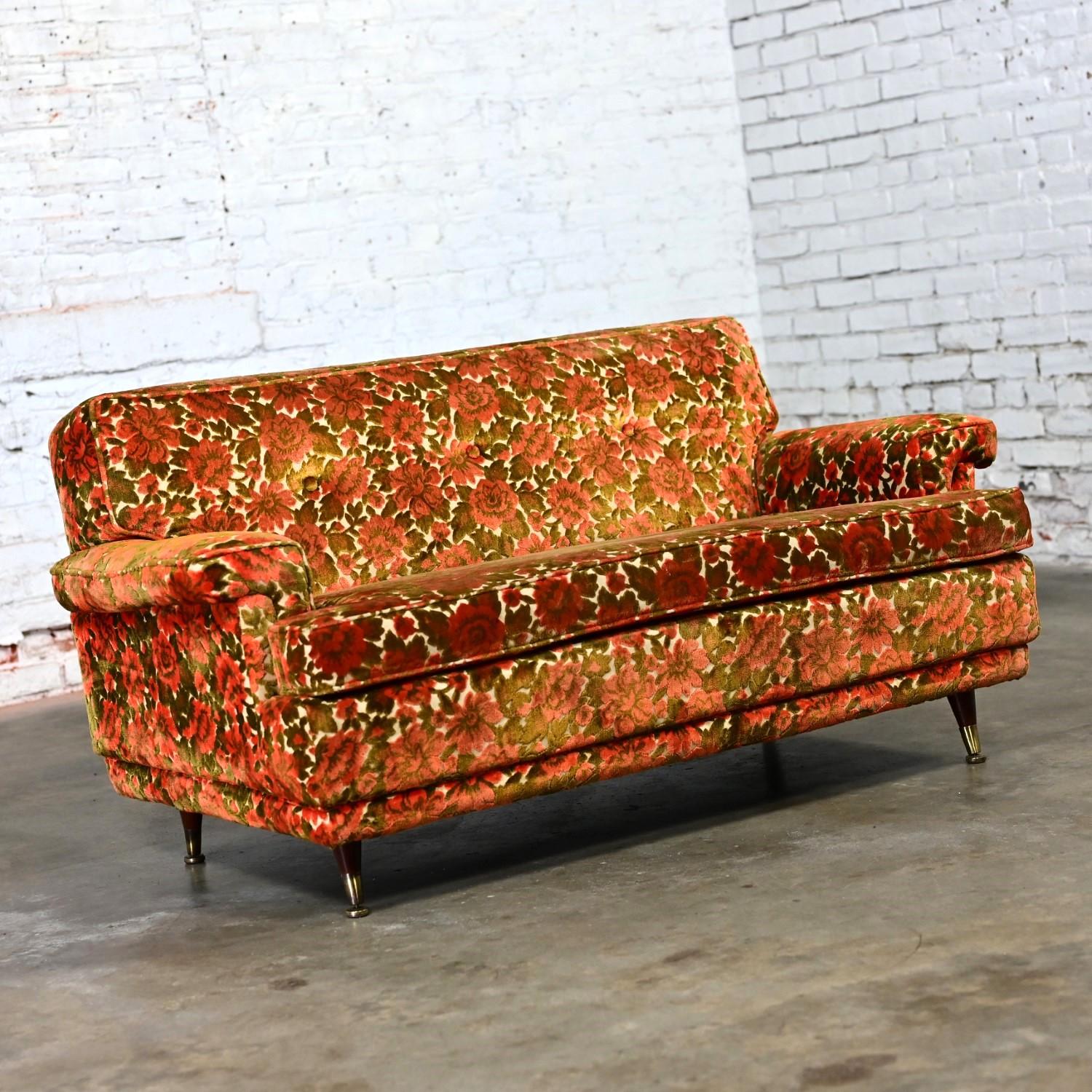 Mid Century Modern Lawson Style Loveseat Textured Orange & Green Floral Fabric 1