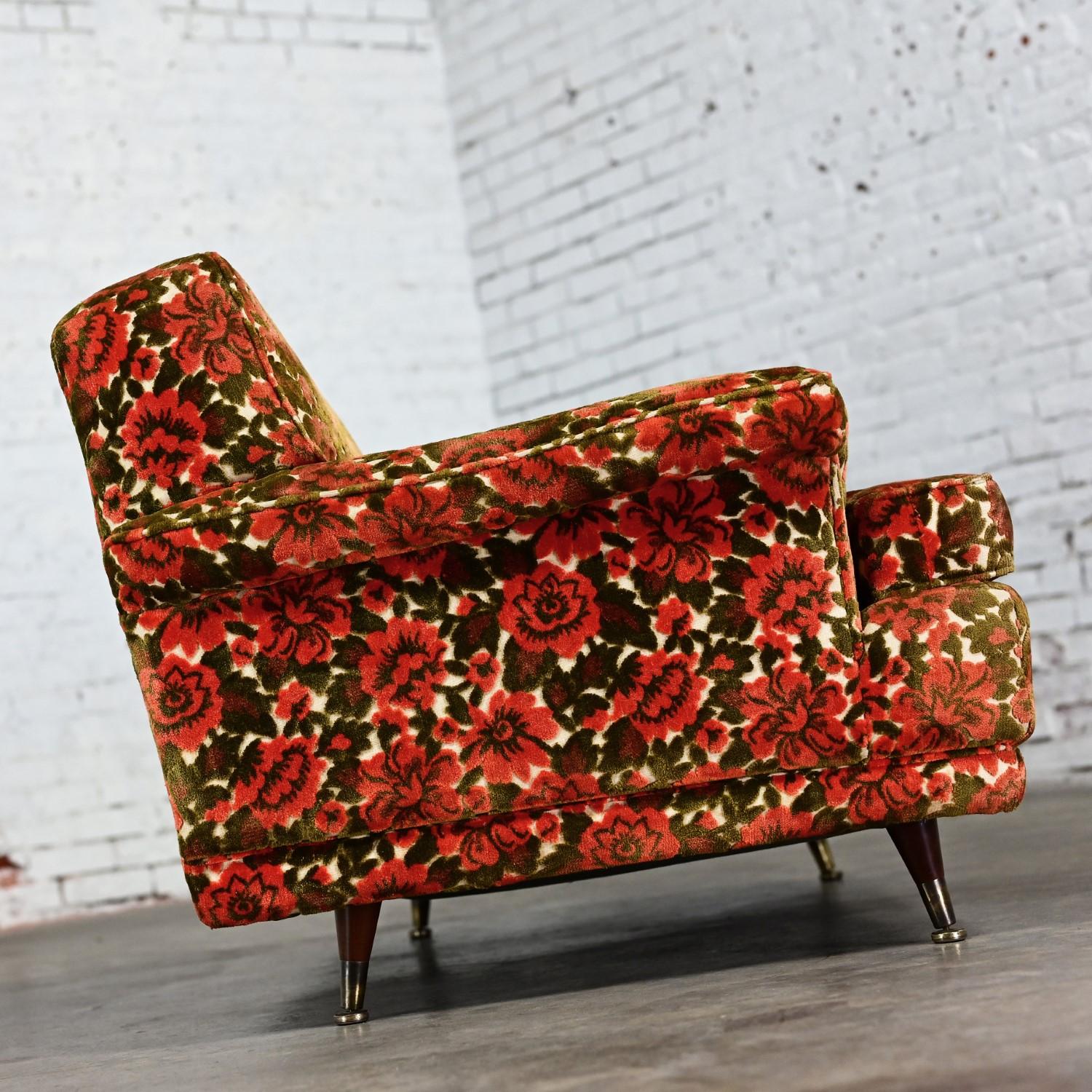 Mid Century Modern Lawson Style Loveseat Textured Orange & Green Floral Fabric 2