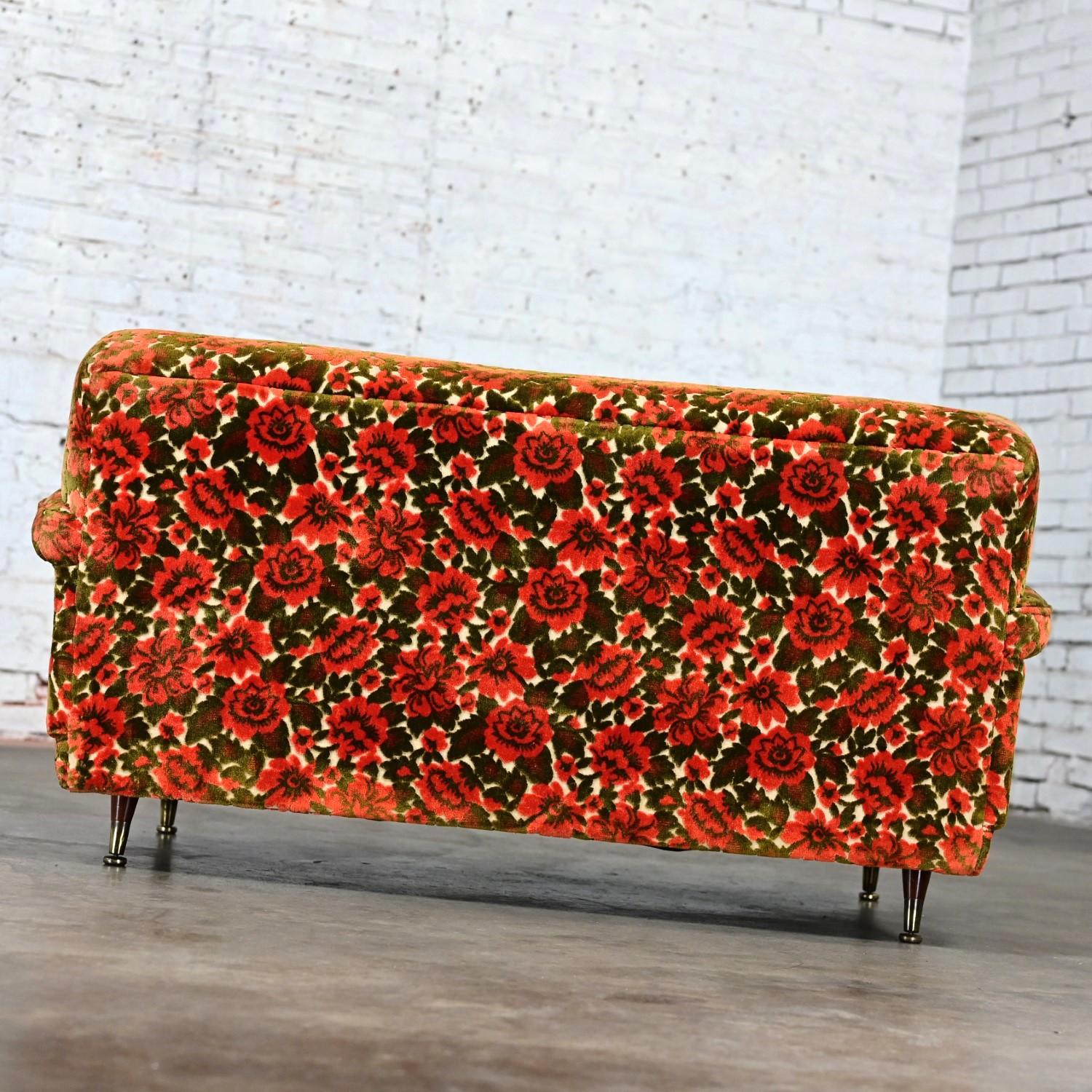 Mid Century Modern Lawson Style Loveseat Textured Orange & Green Floral Fabric 3