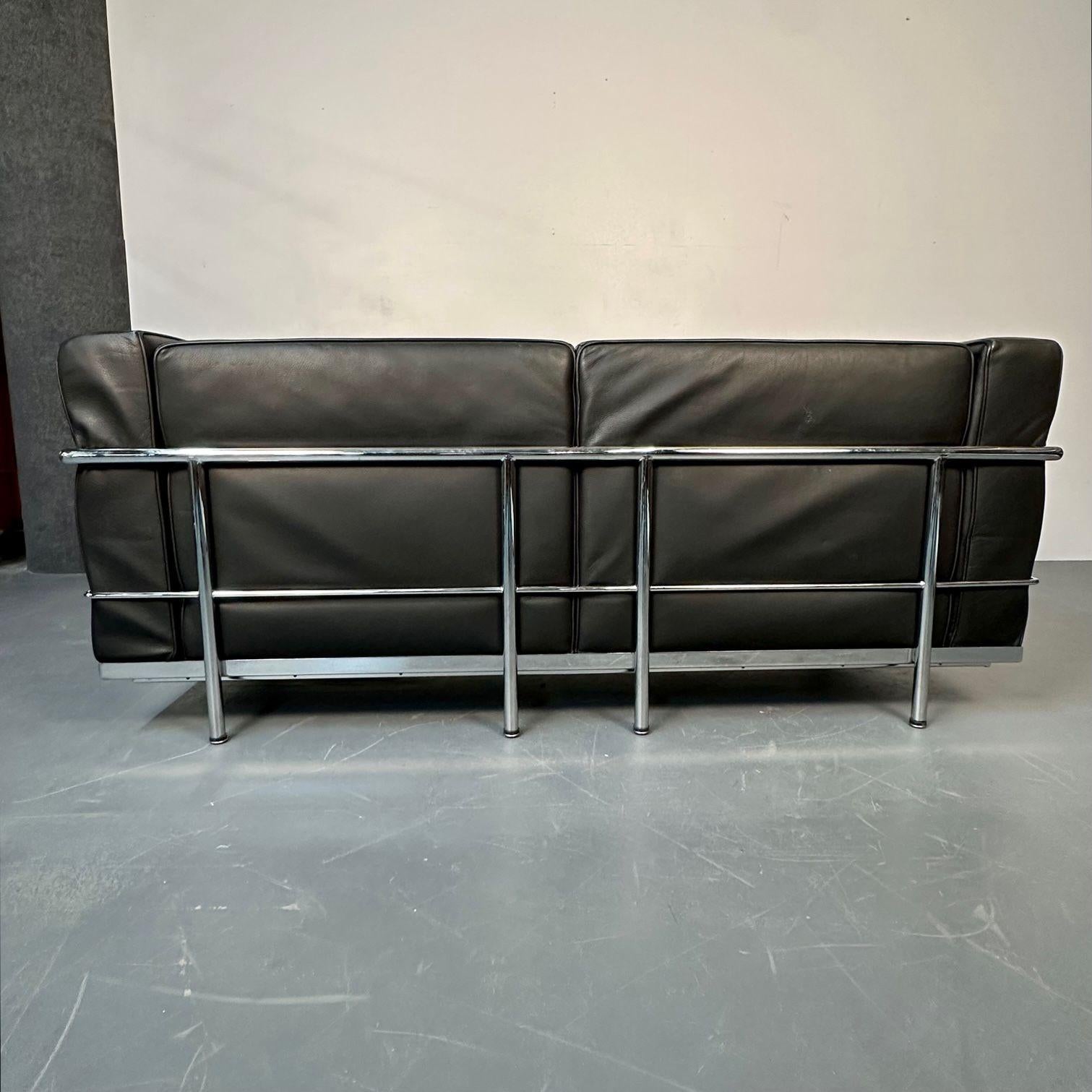 Mid-Century Modern LC2 Sofa by Le Corbusier, Black Leather, Two Seater, Perriand 5