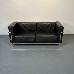 Mid-Century Modern LC2 Sofa by Le Corbusier, Black Leather, Two Seater, Perriand