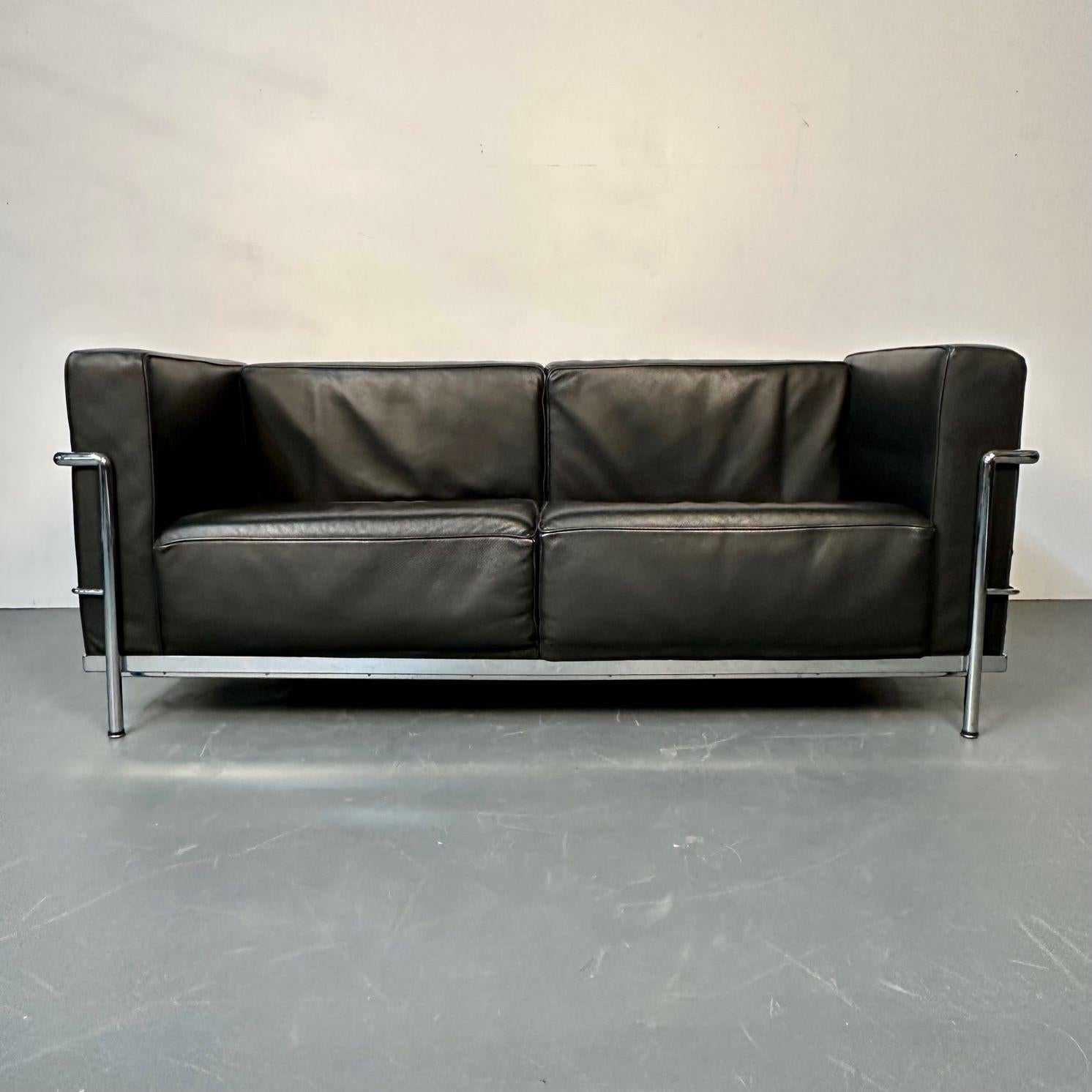 Italian Mid-Century Modern LC2 Sofa by Le Corbusier, Black Leather, Two Seater, Perriand