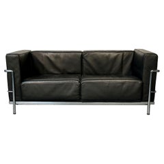 Mid-Century Modern LC2 Sofa by Le Corbusier, Black Leather, Two Seater, Perriand