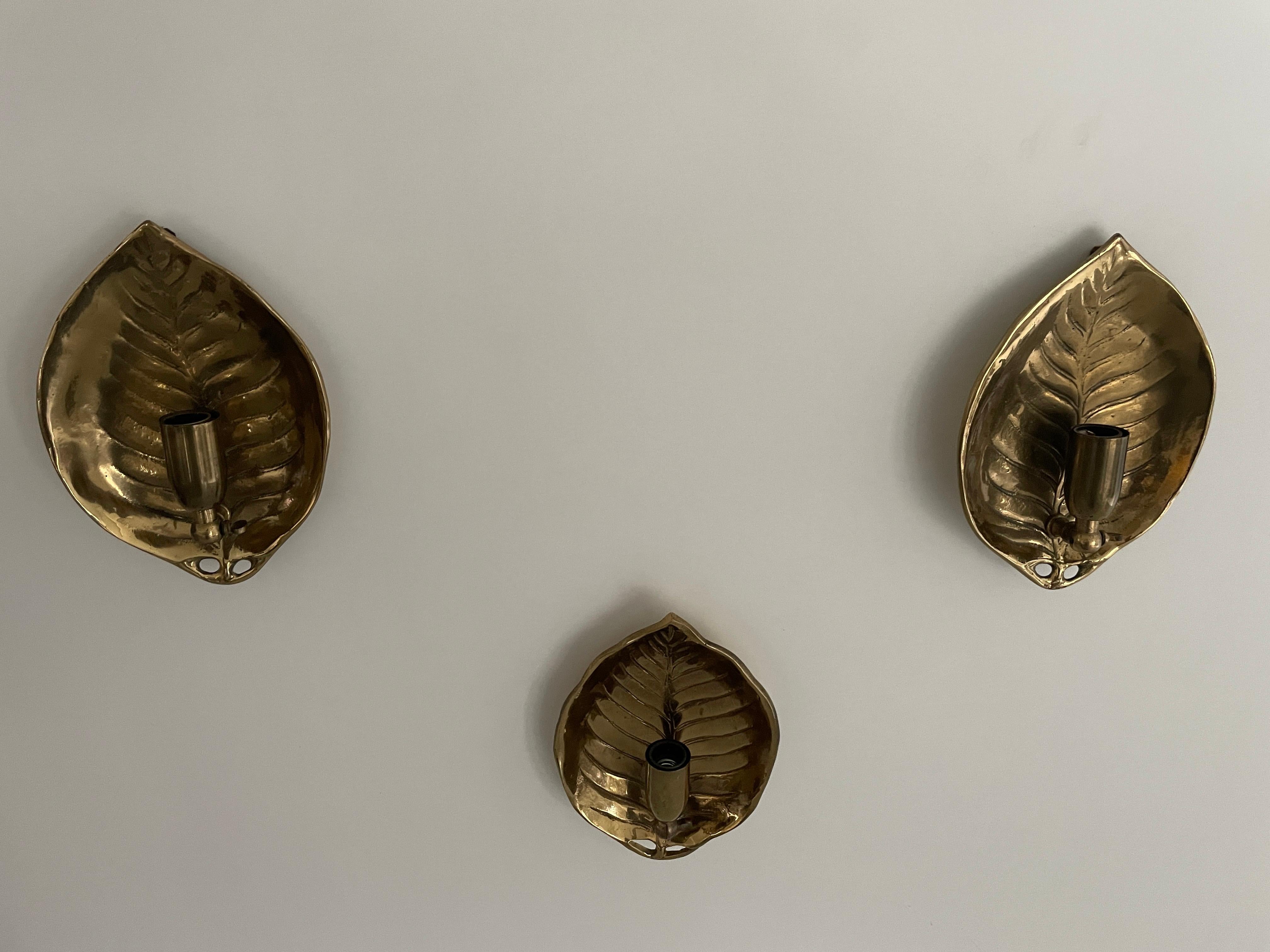 Mid-20th Century Mid-century Modern Leaf Design Heavy Brass Set of 3 Sconces, 1960s, Germany For Sale