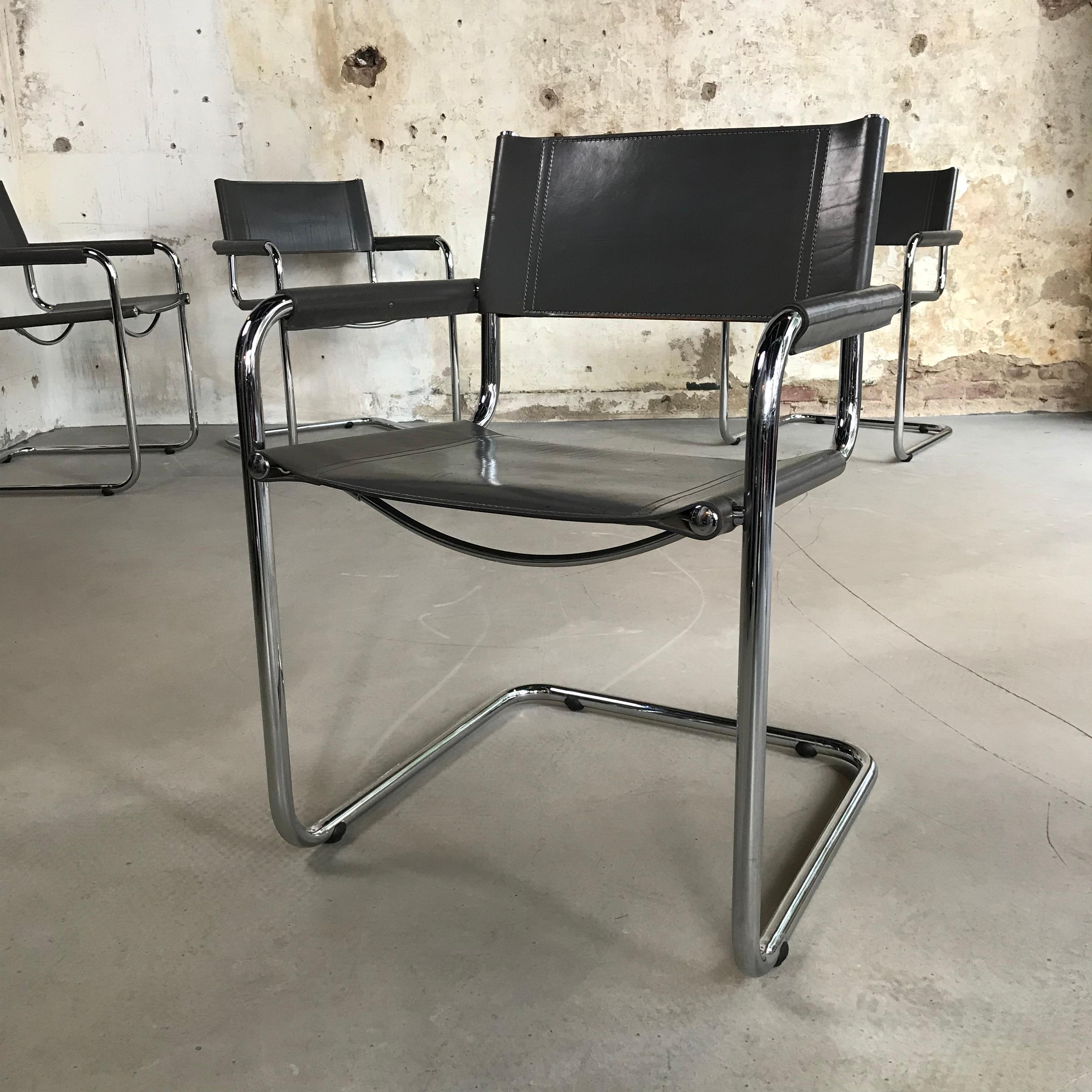 Italian Mid-Century Modern Leather and Chrome Cantilever Chairs by Mart Stam for Fasem  For Sale