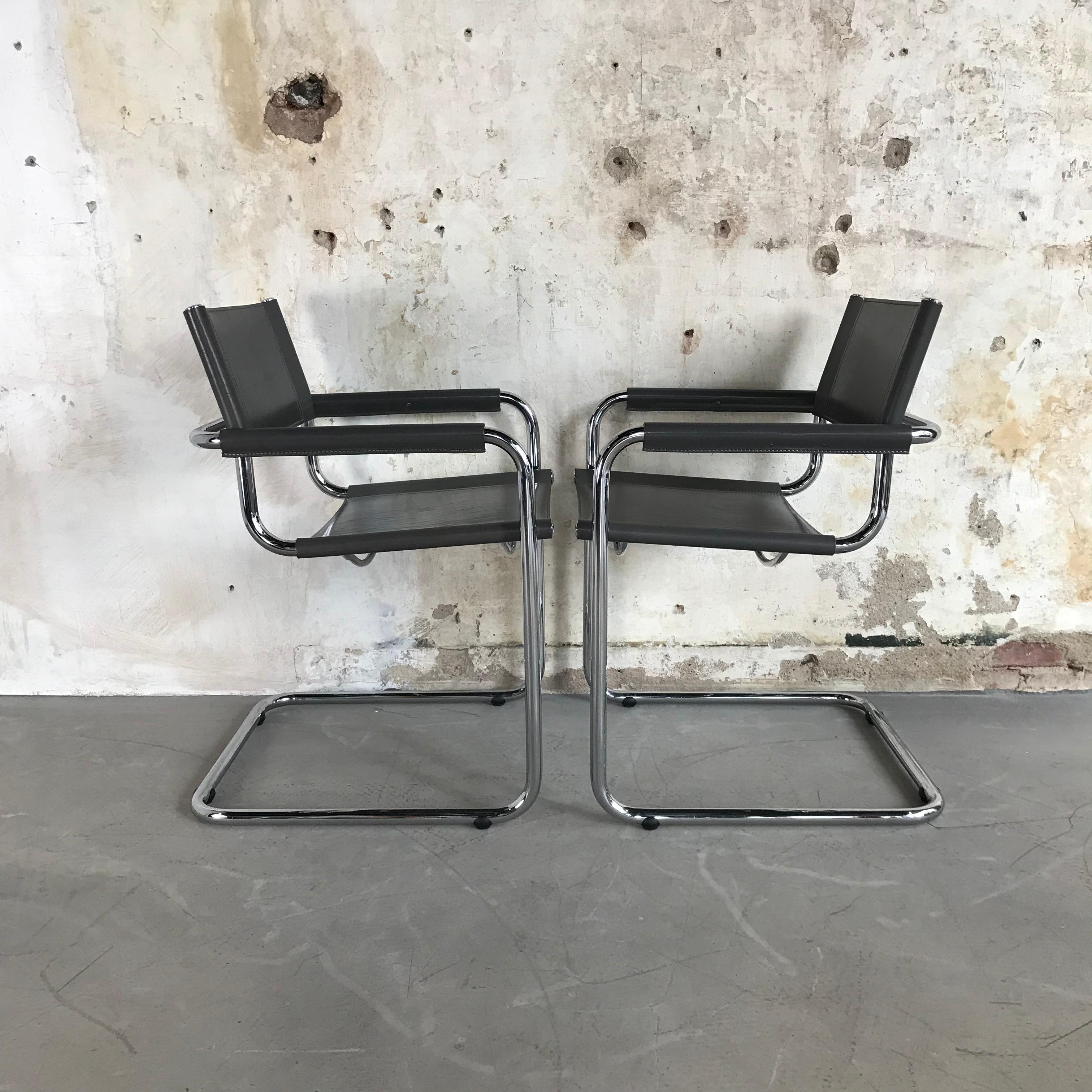 Late 20th Century Mid-Century Modern Leather and Chrome Cantilever Chairs by Mart Stam for Fasem  For Sale