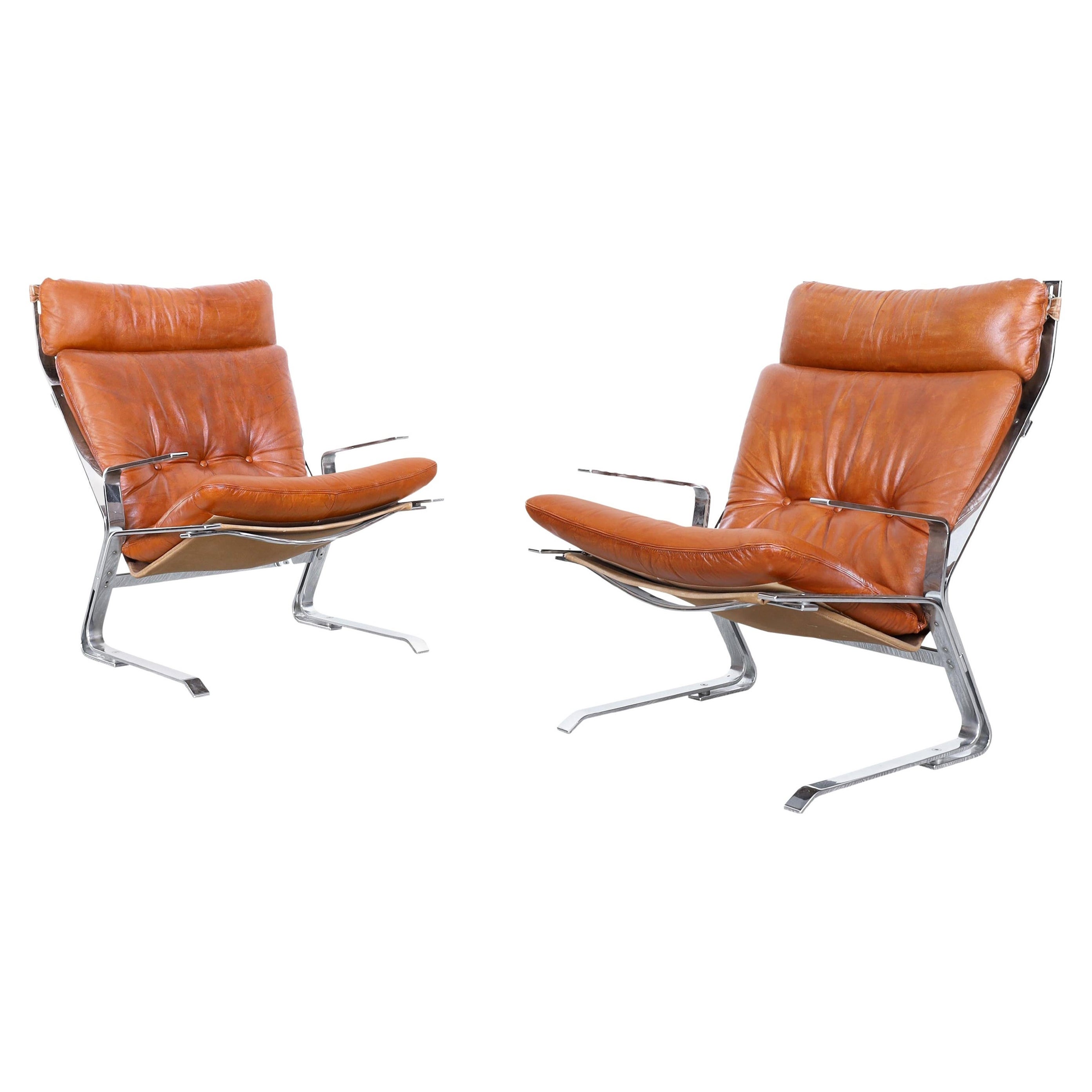 Mid-Century Modern Leather and Chrome Lounge Chairs by Elsa and Nordahl Solheim