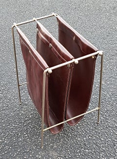 Mid Century Modern Leather and Iron Jacques Adnet Style Magazine Rack