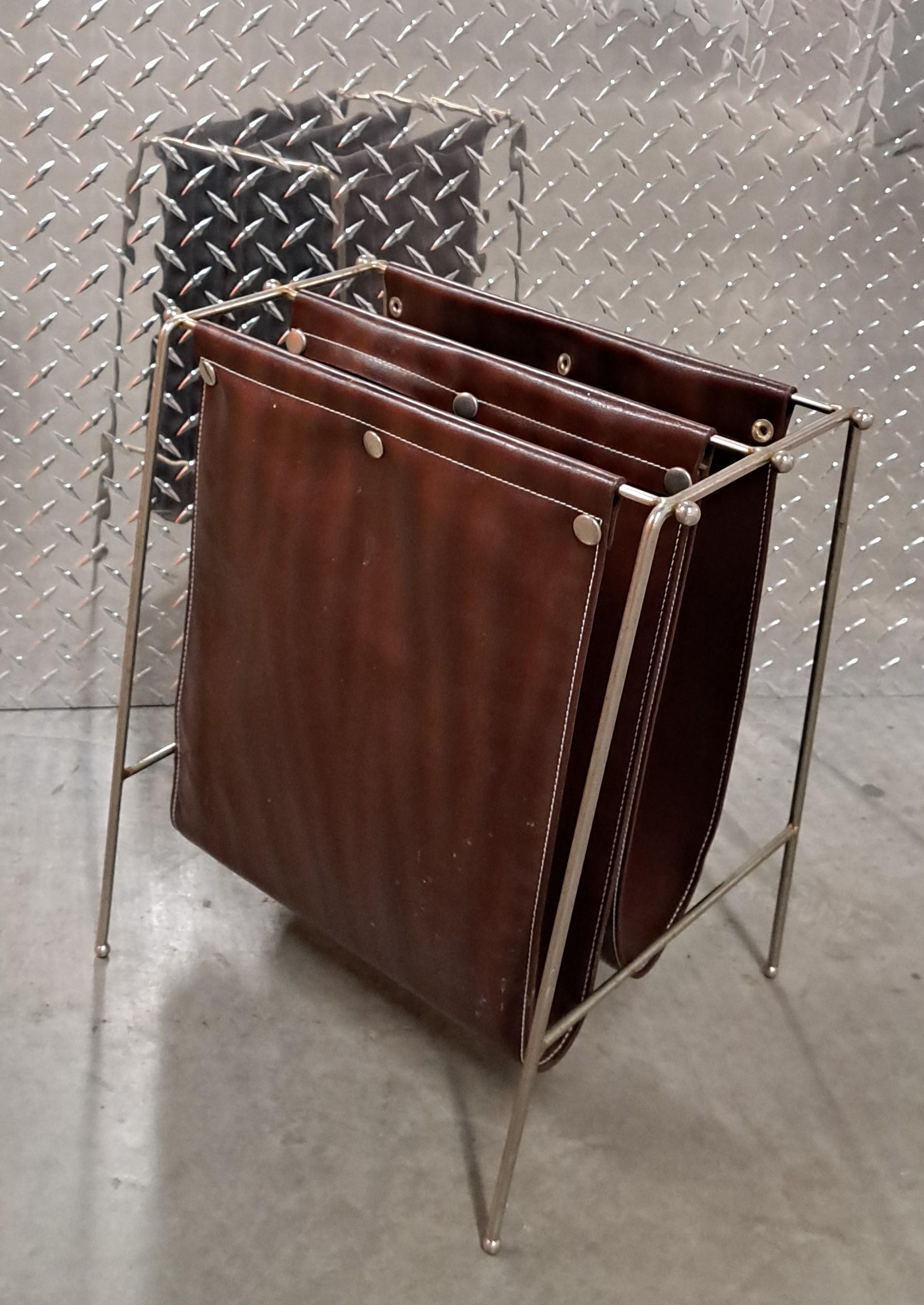 Mid-Century Modern Mid Century Modern Leather and Iron Jacques Adnet Style Magazine Rack For Sale