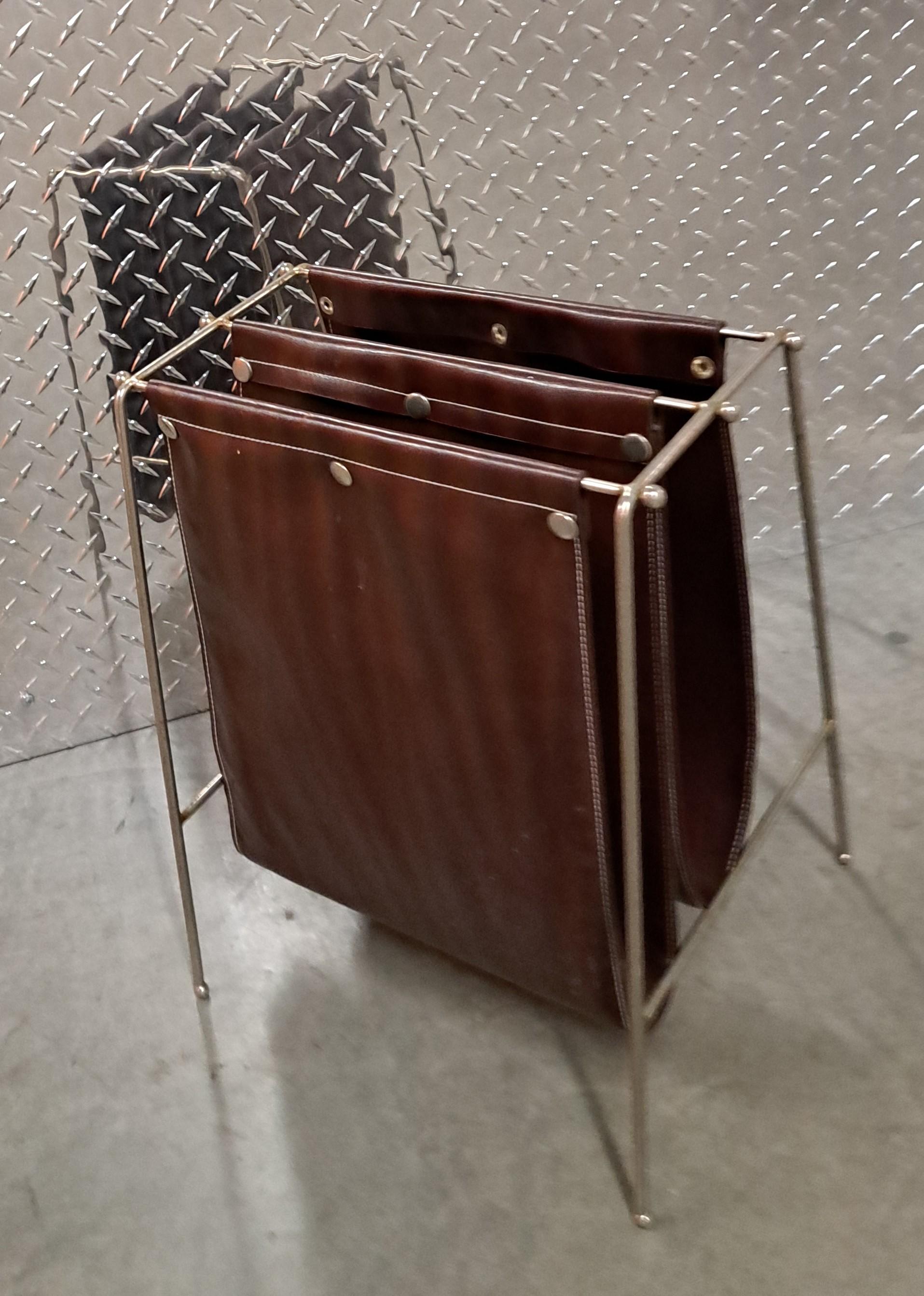 French Mid Century Modern Leather and Iron Jacques Adnet Style Magazine Rack For Sale
