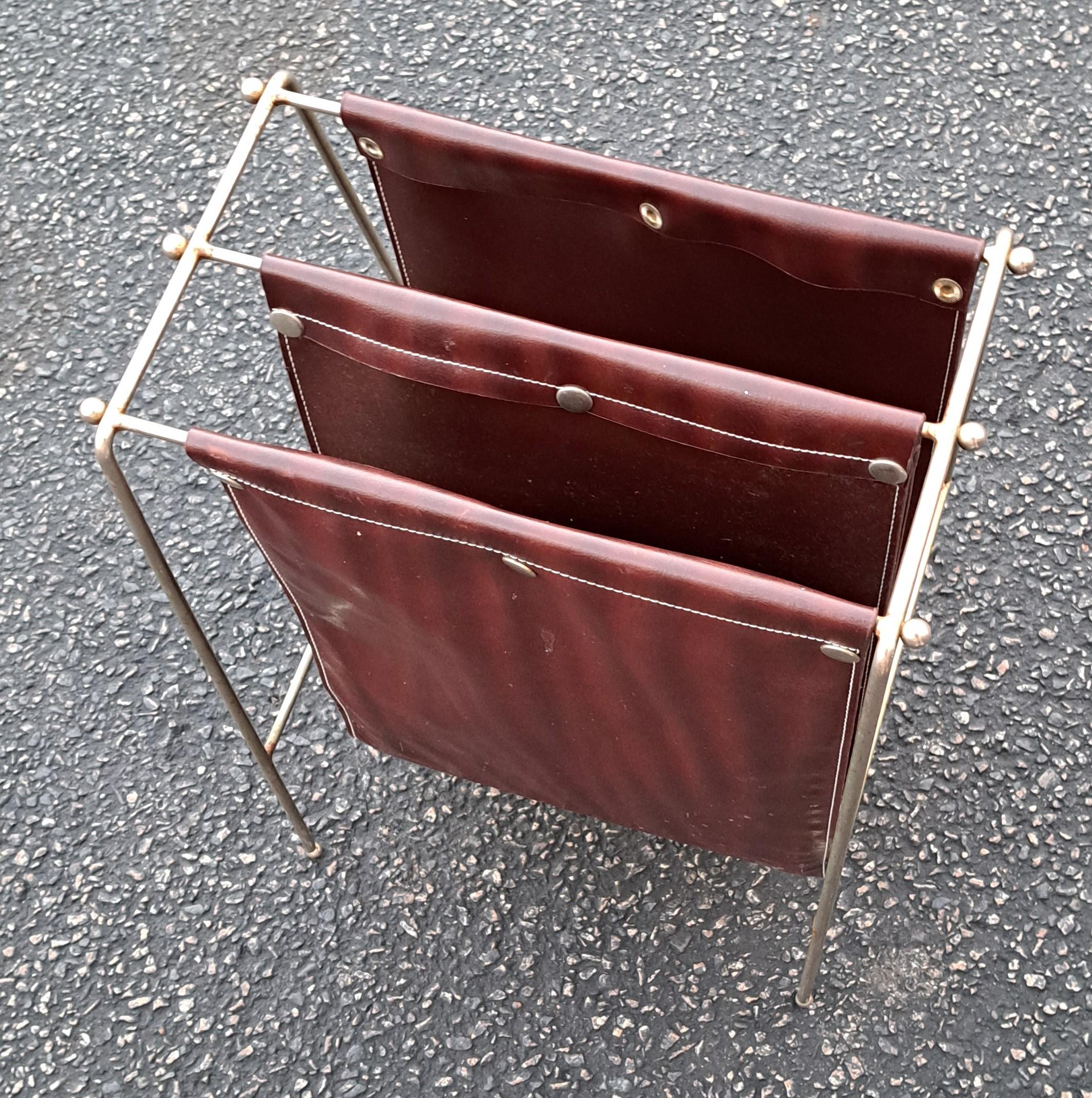 Mid Century Modern Leather and Iron Jacques Adnet Style Magazine Rack In Good Condition For Sale In Weymouth, MA