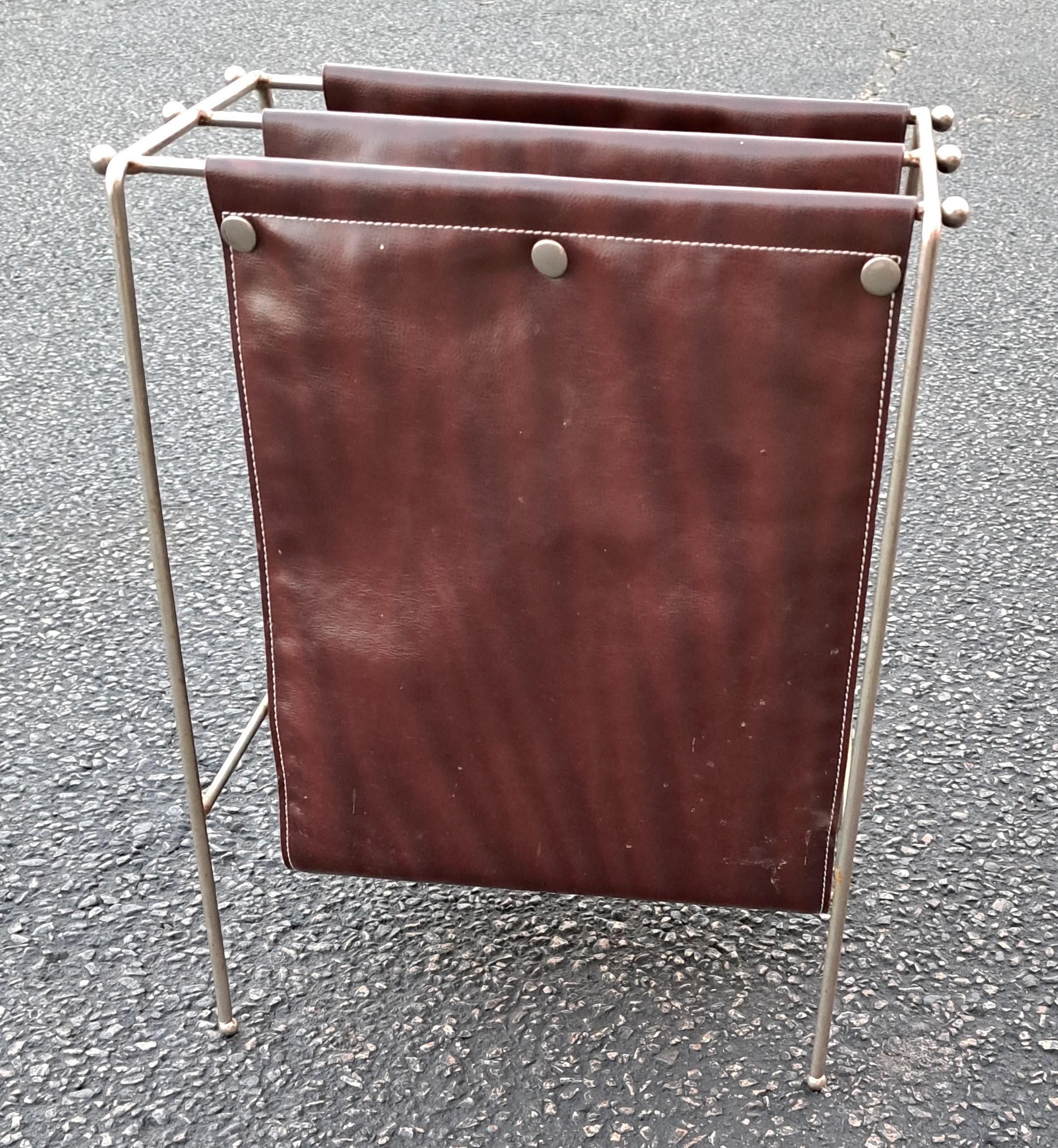 20th Century Mid Century Modern Leather and Iron Jacques Adnet Style Magazine Rack For Sale
