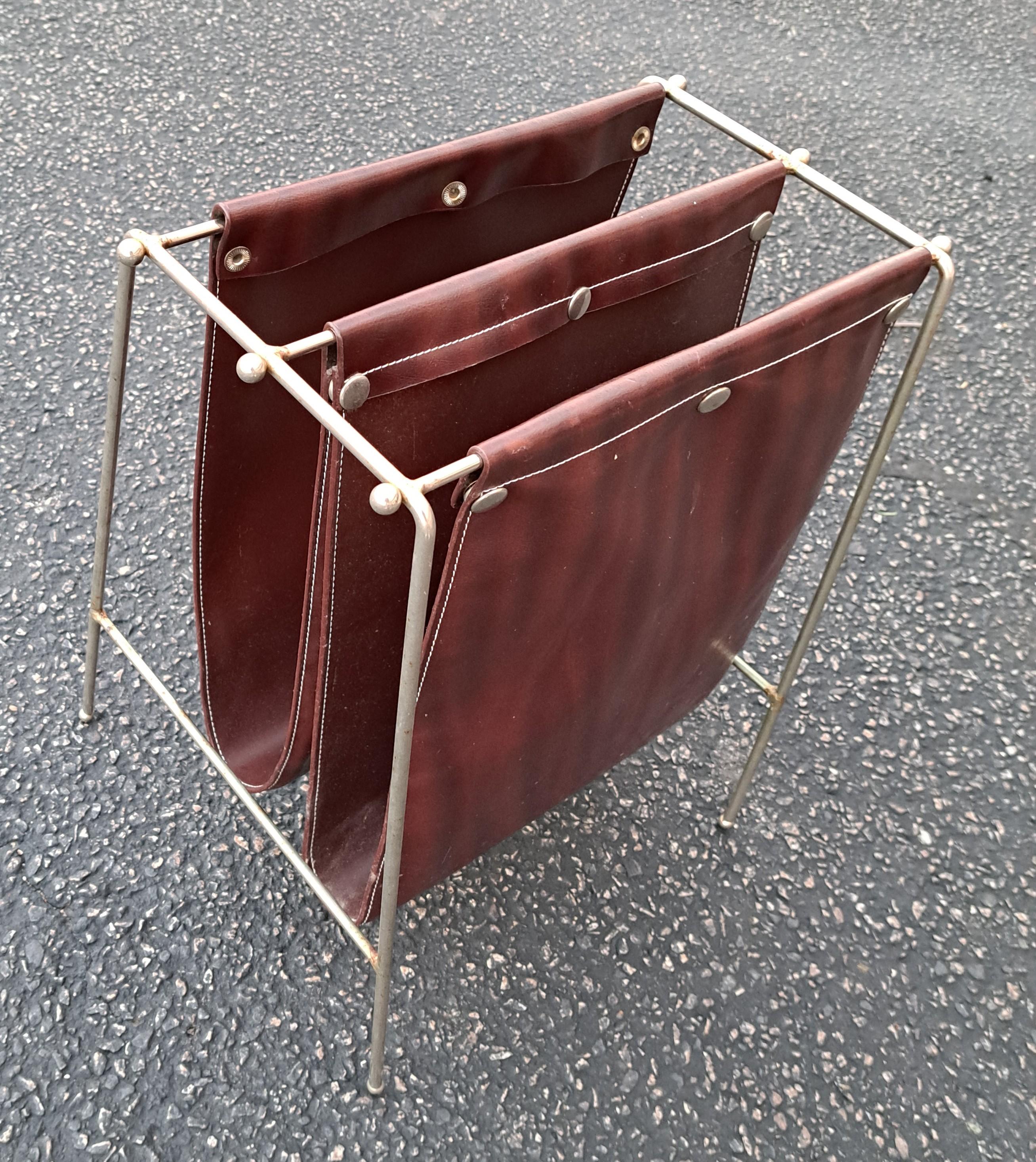 Mid Century Modern Leather and Iron Jacques Adnet Style Magazine Rack For Sale 1