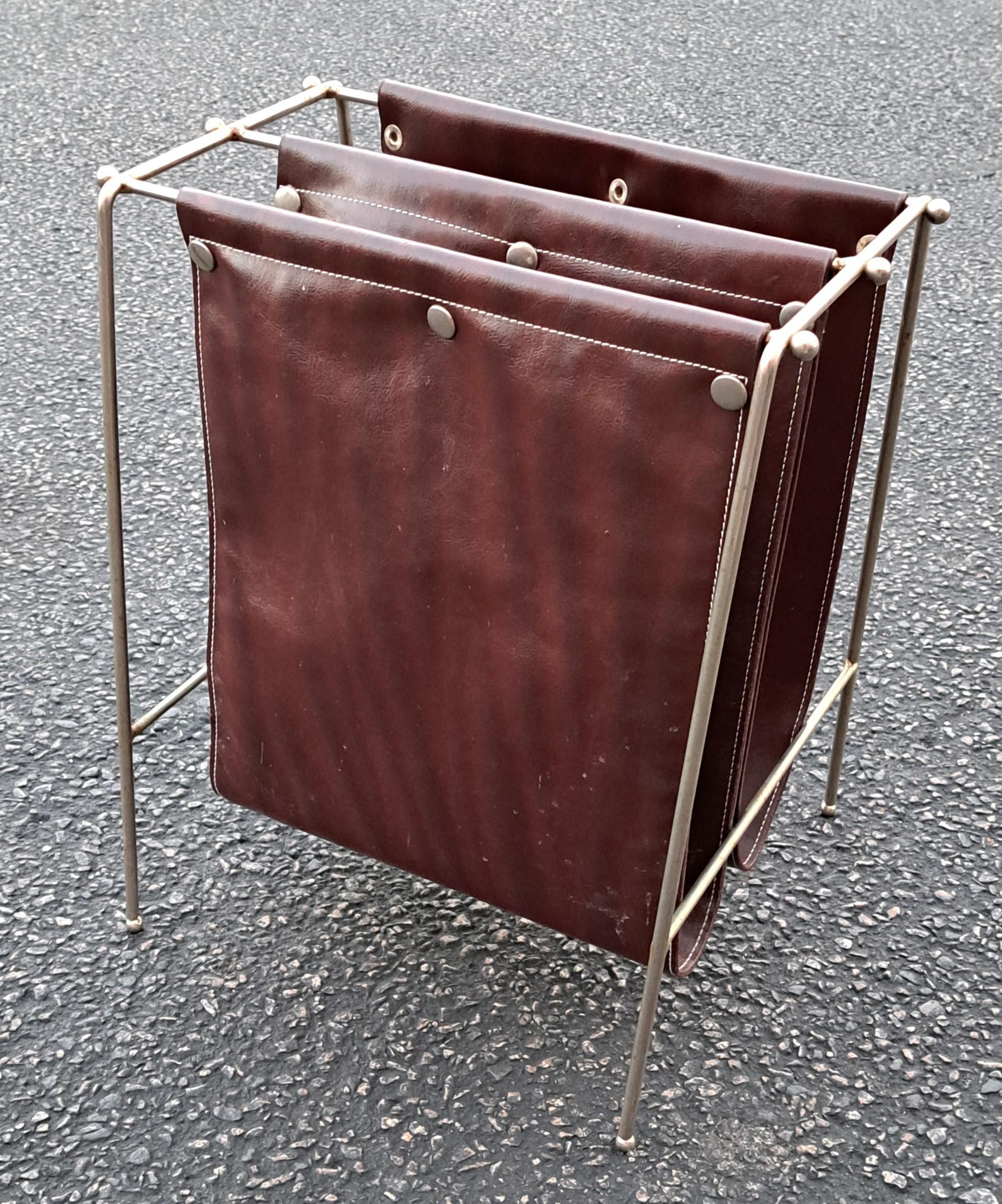 Mid Century Modern Leather and Iron Jacques Adnet Style Magazine Rack For Sale 2